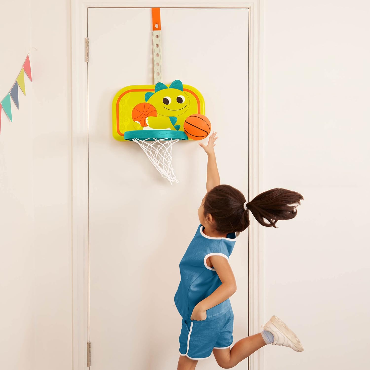B. toys – Hanging Basketball Net – Adjustable Height – Mini Ball & Air Pump – Sports Toys & Active Play – 3+ Years– Dinosaur Dribbler