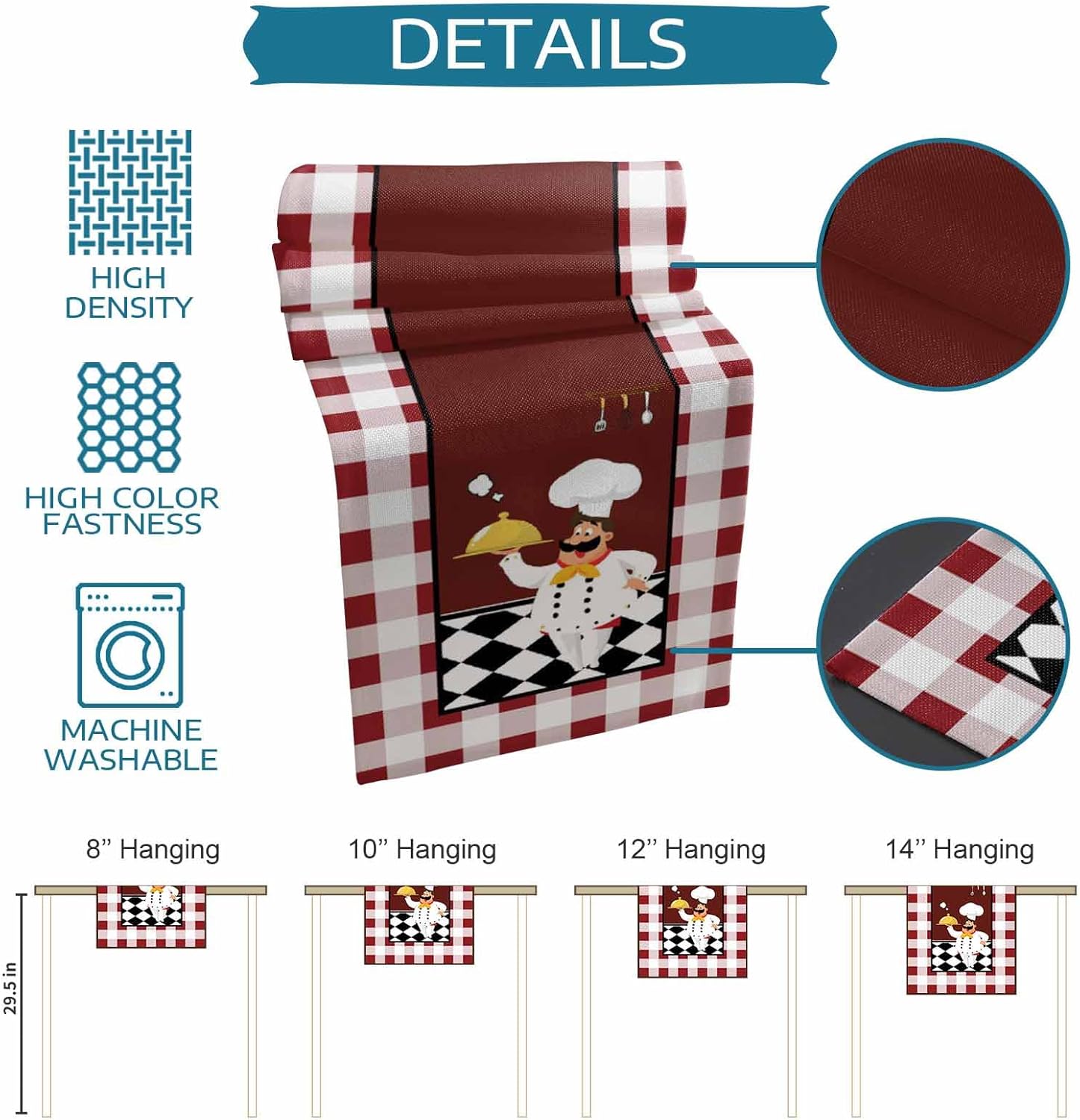 Fat Chef Table Runner 90 Inches Long,Cotton Linen Buffalo Plaid Checked Flag Kitchen Dinner Dining Table Runners Decor And Accessories, Burlap Red Tablerunner for Coffee/Dining/Party/Wedding Table