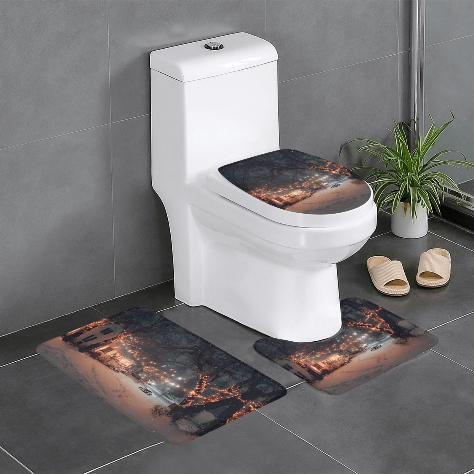 Tapis de salle de bain lavable et antidérapant, ensemble 3 pièces neige
