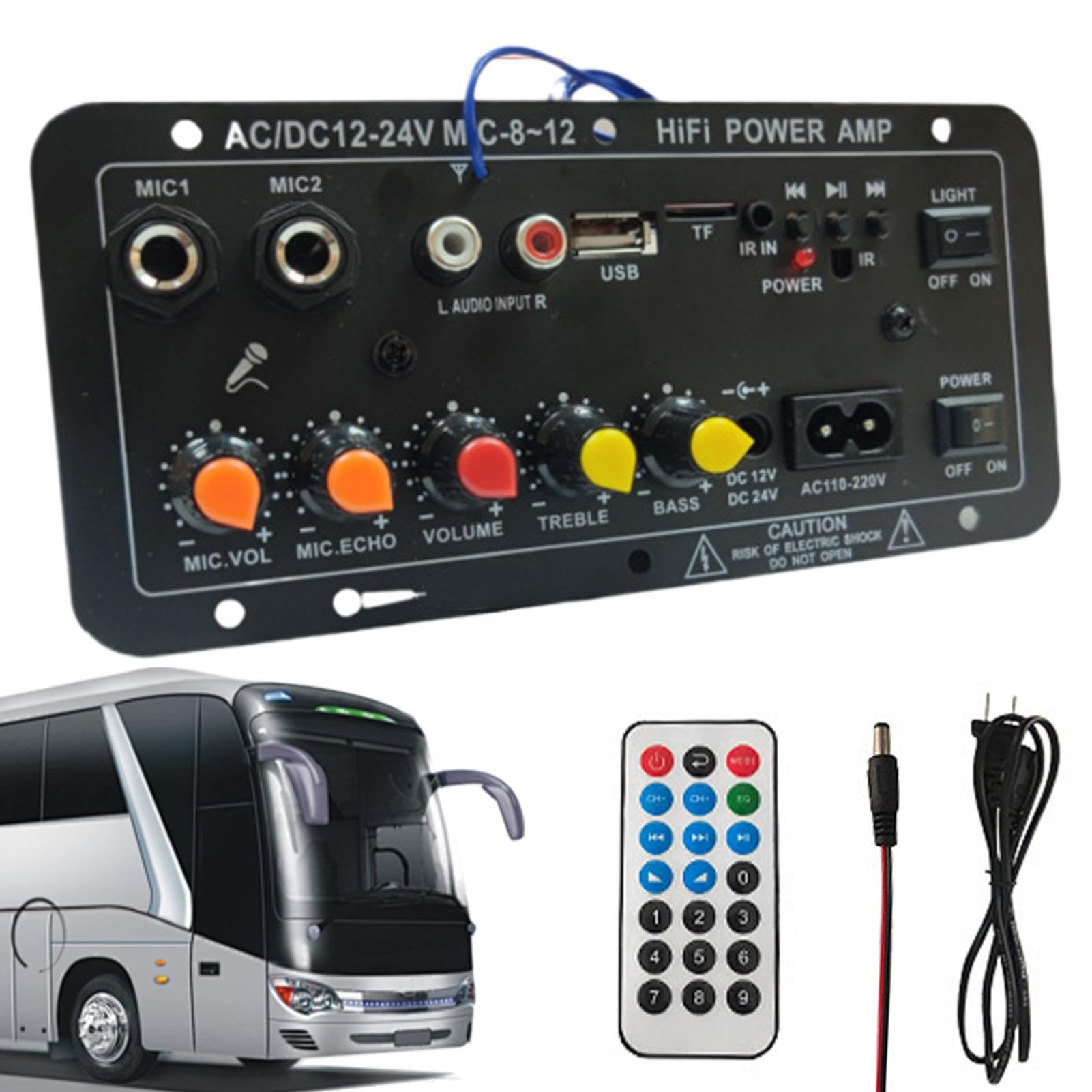 Hochleistungsverstärkerplatine, Leistungsverstärkerplatine für Autos, 12 V und 24 V Stereo-Verstärkermodul mit digitaler Anzeige - Kabellose Lautsprecherkarte mit Fernbedienung für Lautsprecher