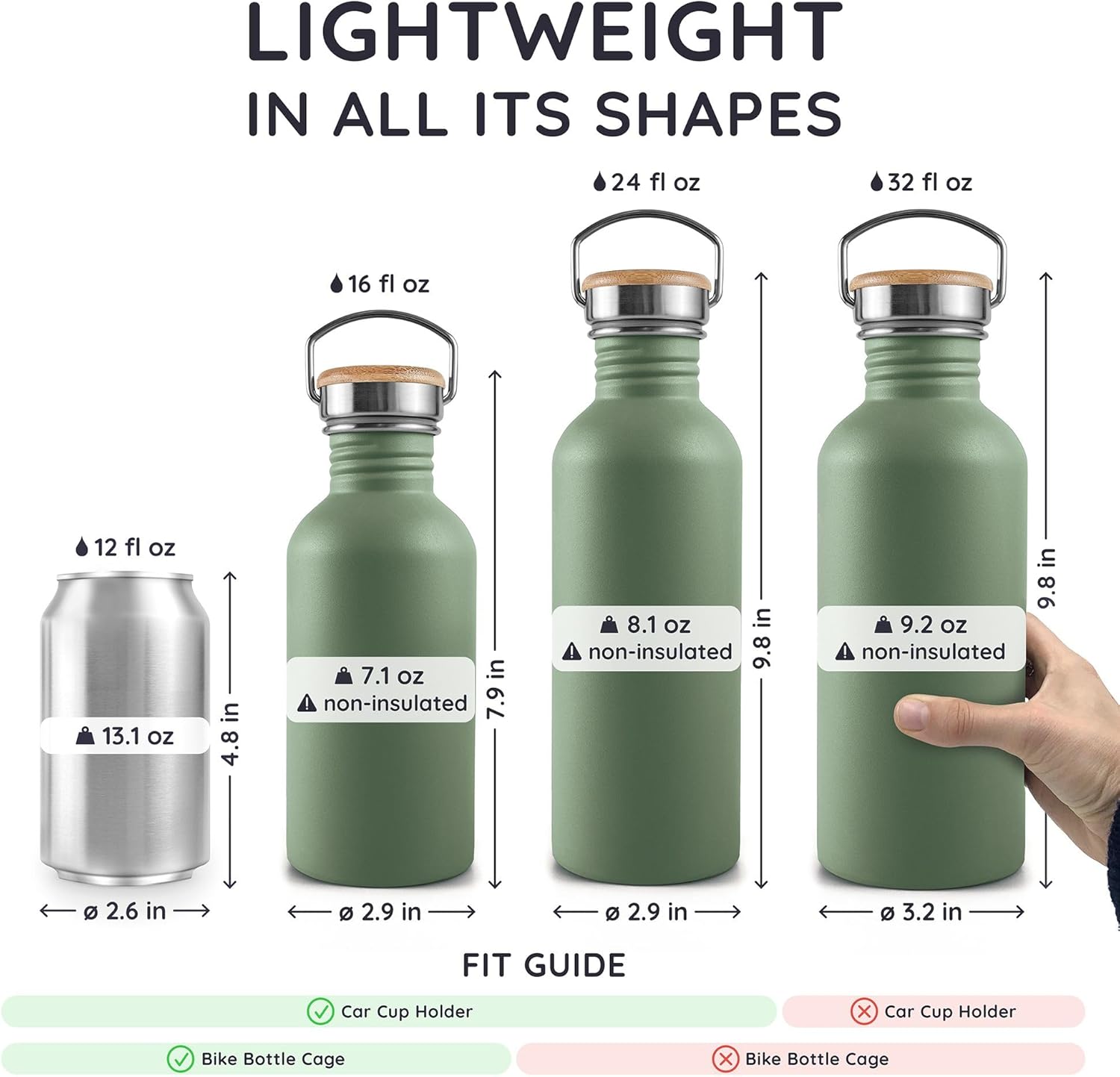 Bambaw Stainless Steel Water Bottle, 500 ml, Green Water Bottle, Non-Insulated Sports Bottle, Children's Metal Bottle, Bicycle Bottle, BPA-Free – Sage Green - Image 5