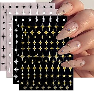 Star Nail Art Stickers - Shiny Silver Gold White Black Starlight Self-Adhesive Glitter Sparkle Nail Decals for DIY Manicure (4 Sheets)