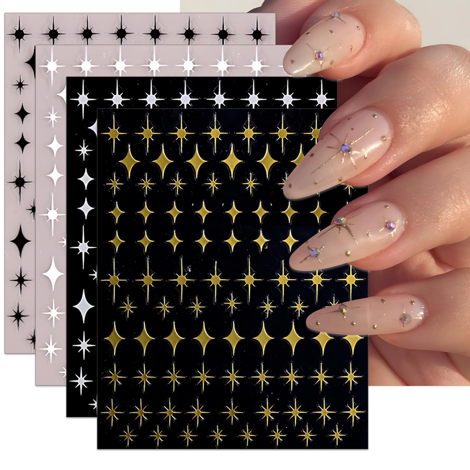 IDDFEVE Star Nail Art Stickers - Shiny Silver Gold White Black Starlight Self-Adhesive Glitter Sparkle Nail Decals for DIY Manicure (4 Sheets)