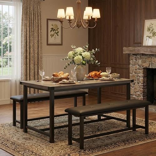 Dining Table Set for 4, Kitchen Table with 2 Upholstered Benches, 3-Piece Dining Room Set for Kitchen, Apartment and Small Spaces, Gray