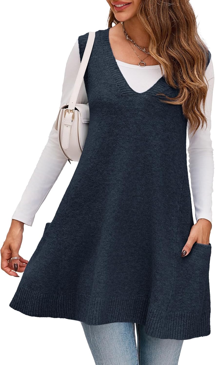 Saodimallsu Womens Sleeveless Sweater Vest V Neck Casual Loose Knit A Line Flattering Tunic Top with Pockets - Image 4