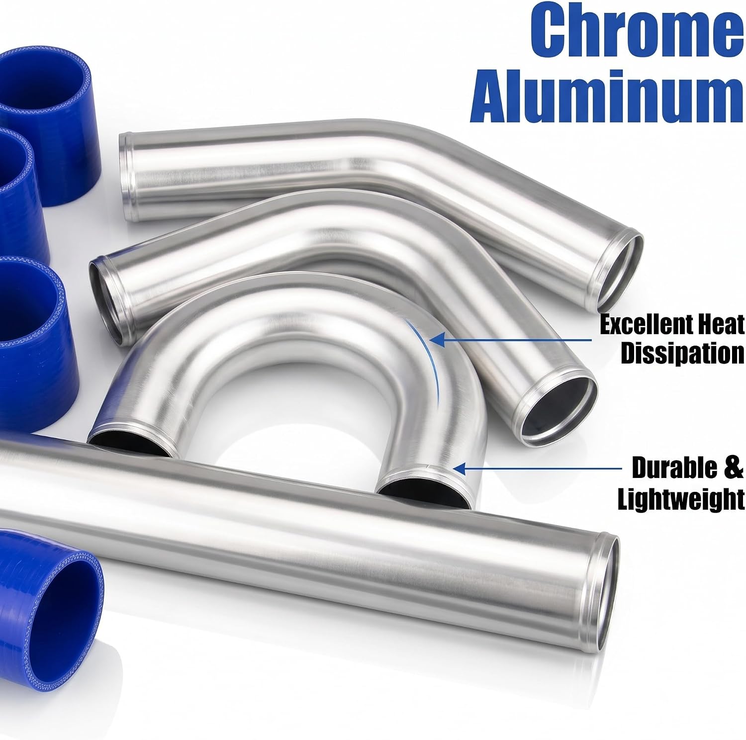 2.5 Inch Universal Turbo Intercooler Pipe Chrome Aluminum T - Clamps + Silicone Hoses Compatible with Most Cars/SUVs/Trucks
