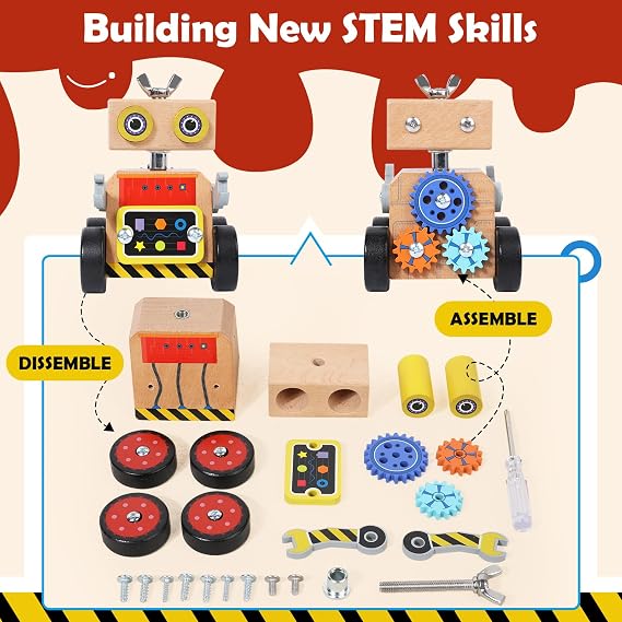 Robot Building Toy, Wooden Little Robot Assembly Kit for Kids 4-8 Years, STEM Educational Woodworking Crafts Projects for Kids, Gift for Boys and Girls 4 5 6 7 8 Years Old