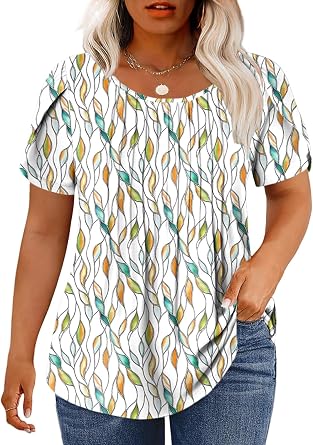 Womens-Plus-Size-Summer-Tops Trendy Petal Short Sleeve T Shirts Casual Crewneck Cute Flowy Pleated Blouses Tunics Tee
