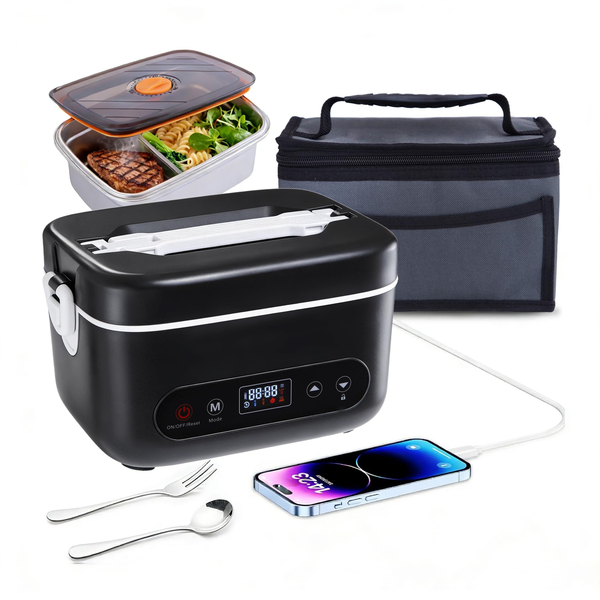 Fiambrera Eléctrica Inalámbrica, Fiambrera Calefactable a Batería para Adultos Calentador de Alimentos Portátil de Acero Inoxidable con Vajilla y Bolsa Aislante para Coche Trabajo Viajes(1,2L)