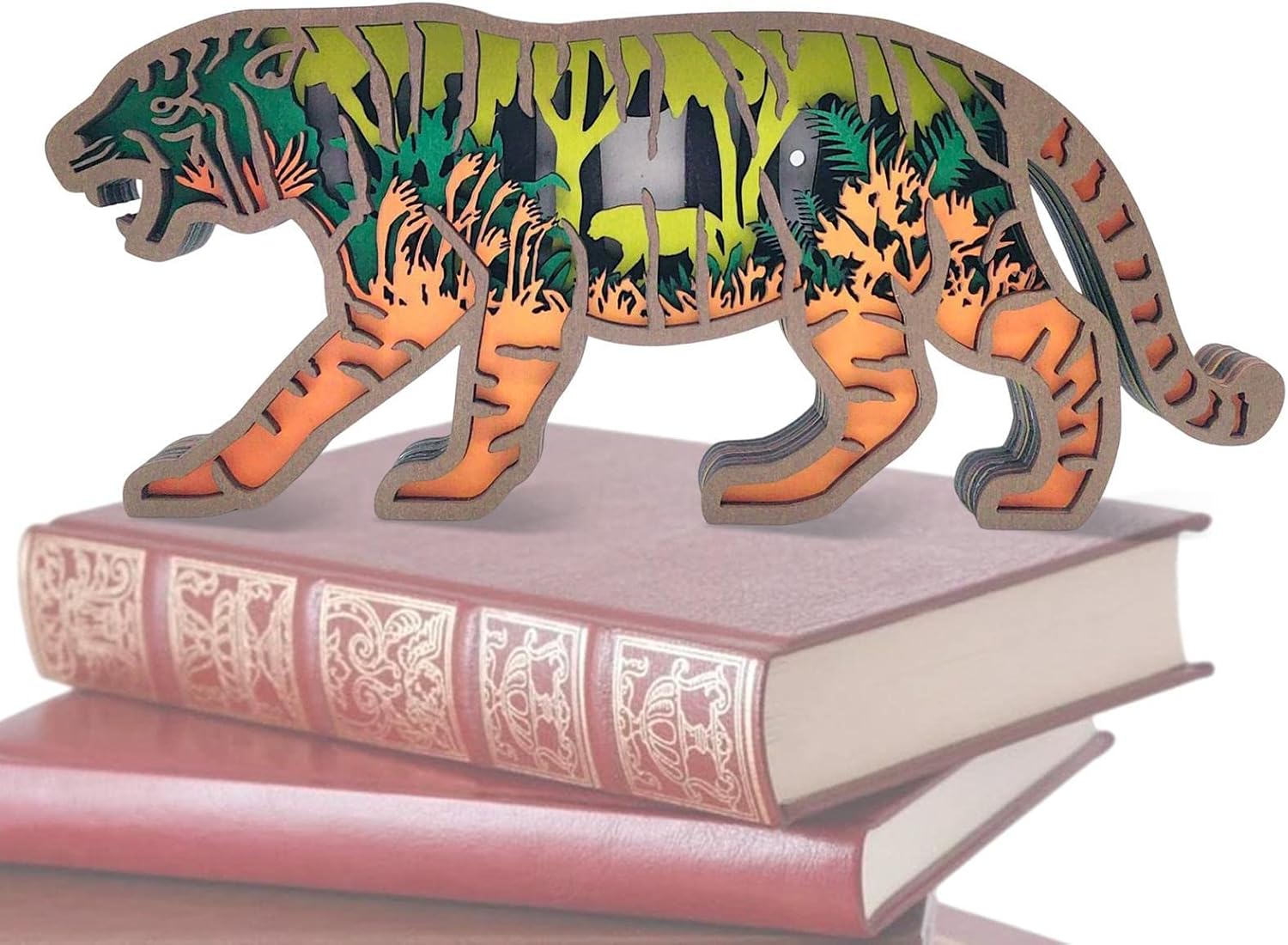 3D Wooden Animal Carving Wooden Tiger Art with Light String,3D Wooden Farmhouse