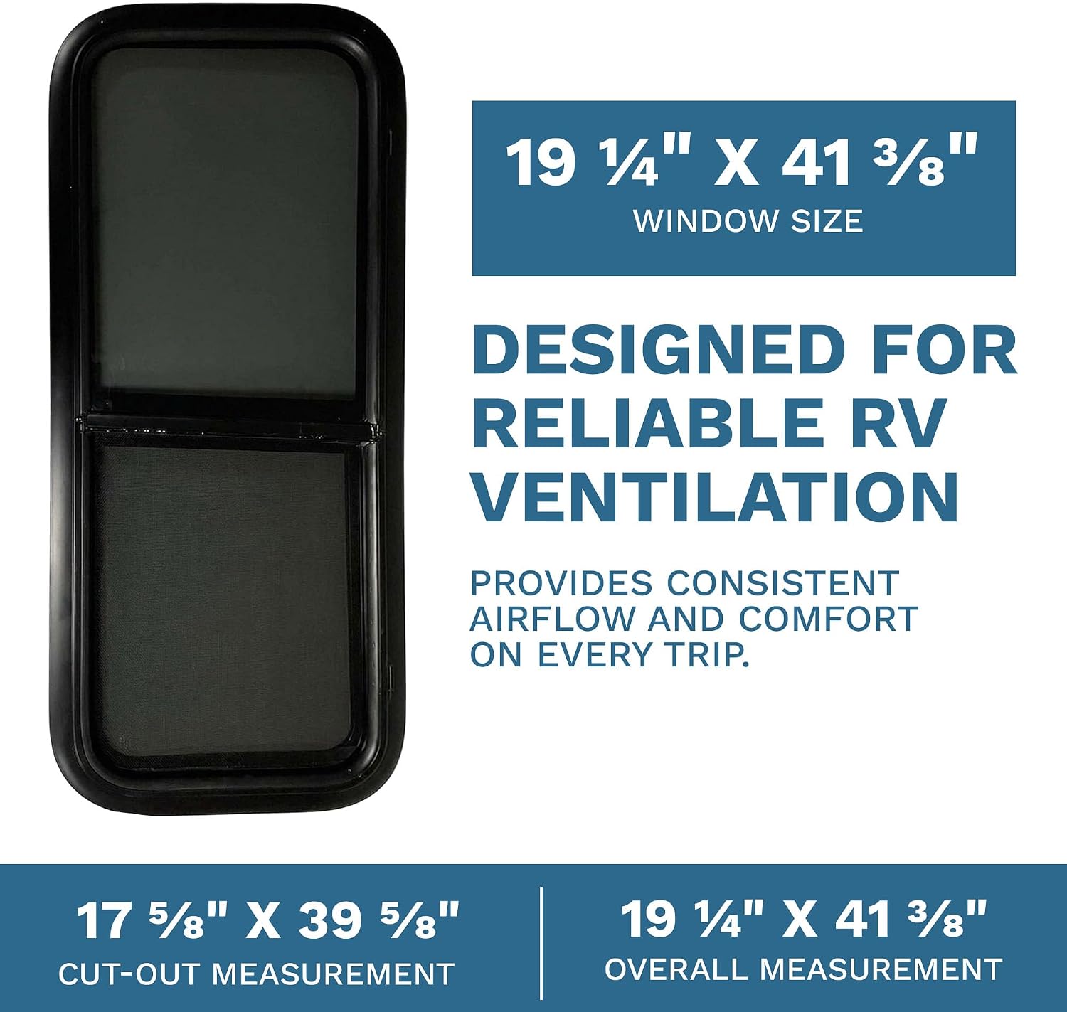 RV Window 18" x 40" - Vertical Slider with Screen & Trim Ring fits 1.75" Wall Thickness - Replacement for Campers, Trailers (17 5/8" x 39 5/8" Cut-Out)