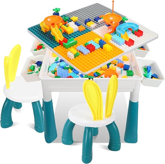 Ansobea Table d'Activité 2 en 1 avec 2 Chaises et Briques de Construction