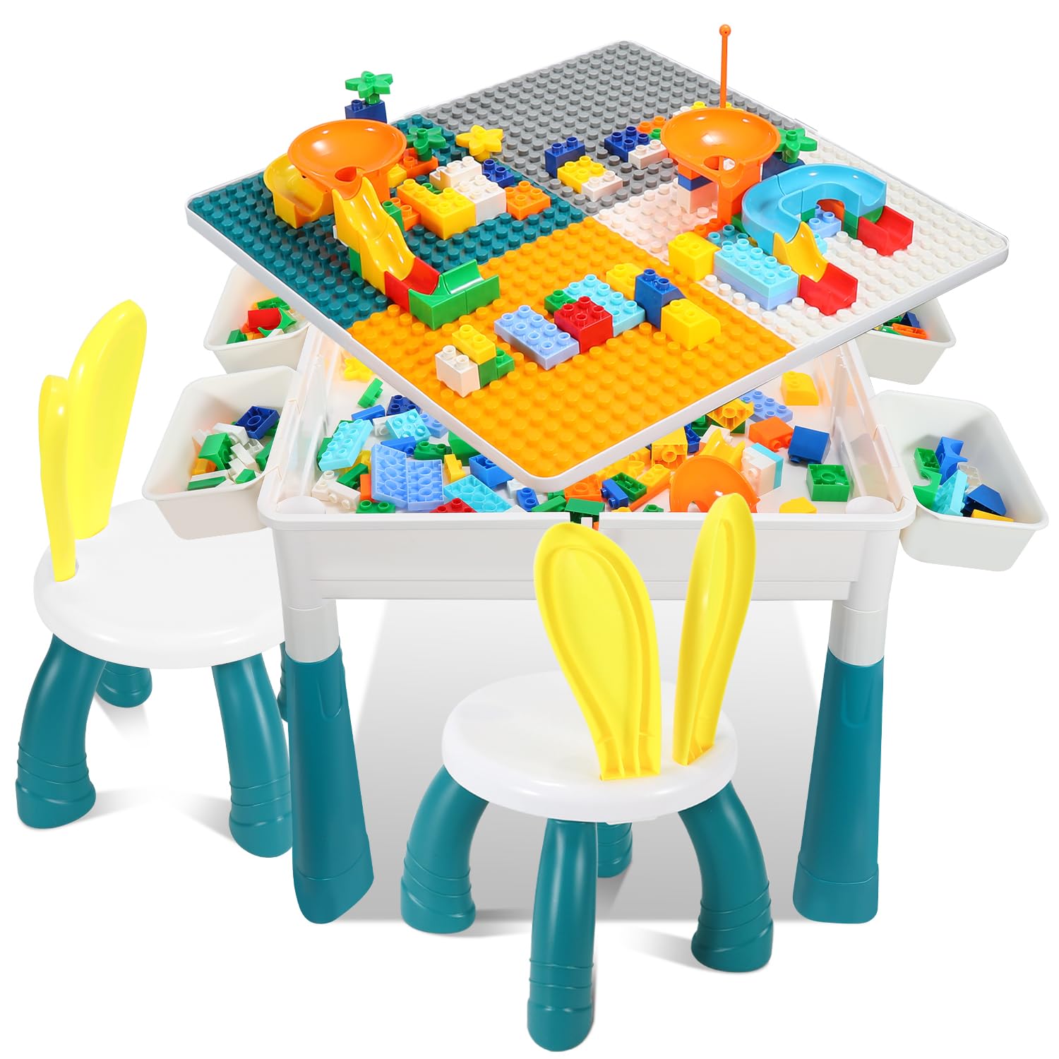 Kindertisch mit 2 Stühlen und Bausteinen, multifunktionaler Aktivitätstisch ab 2 Jahren mit Stauraum, Kreativer Gaming Tisch Baustein Set