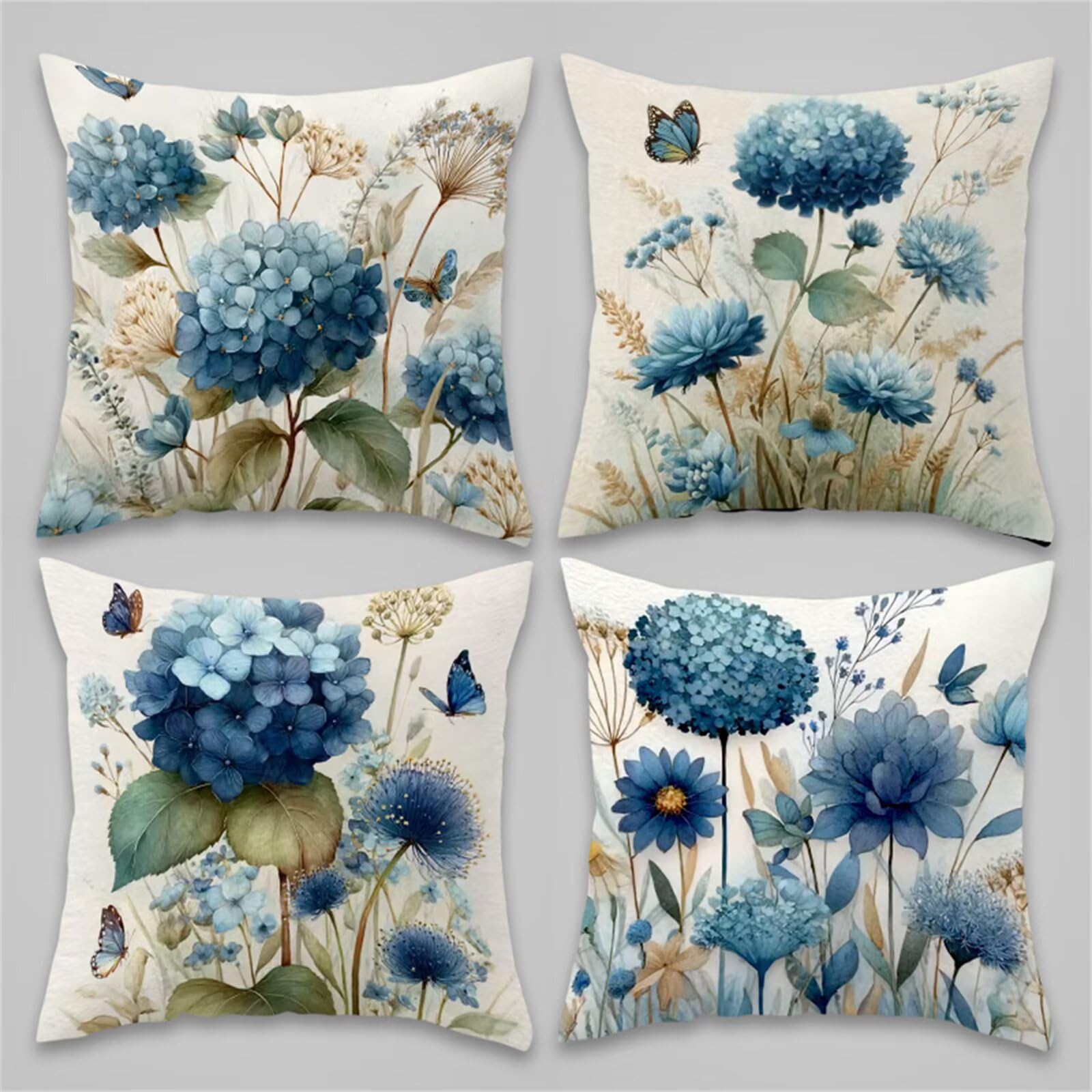 QiHon Blue Hydrangeas Cushion Covers 30x30 cm Set of 4, Decorative Throw Pillow Cases, 12x12 inch Square Linen Pillowcases for Sofa Living Room Bedroo