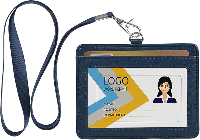 Teskyer Card Holder with Lanyard, ID Badge Holder with Clear Window and Holds 2 Cards, PU Leather Horizontal Badge Holder for ID Cards, Offices, Schools, Bus Passes, Blue