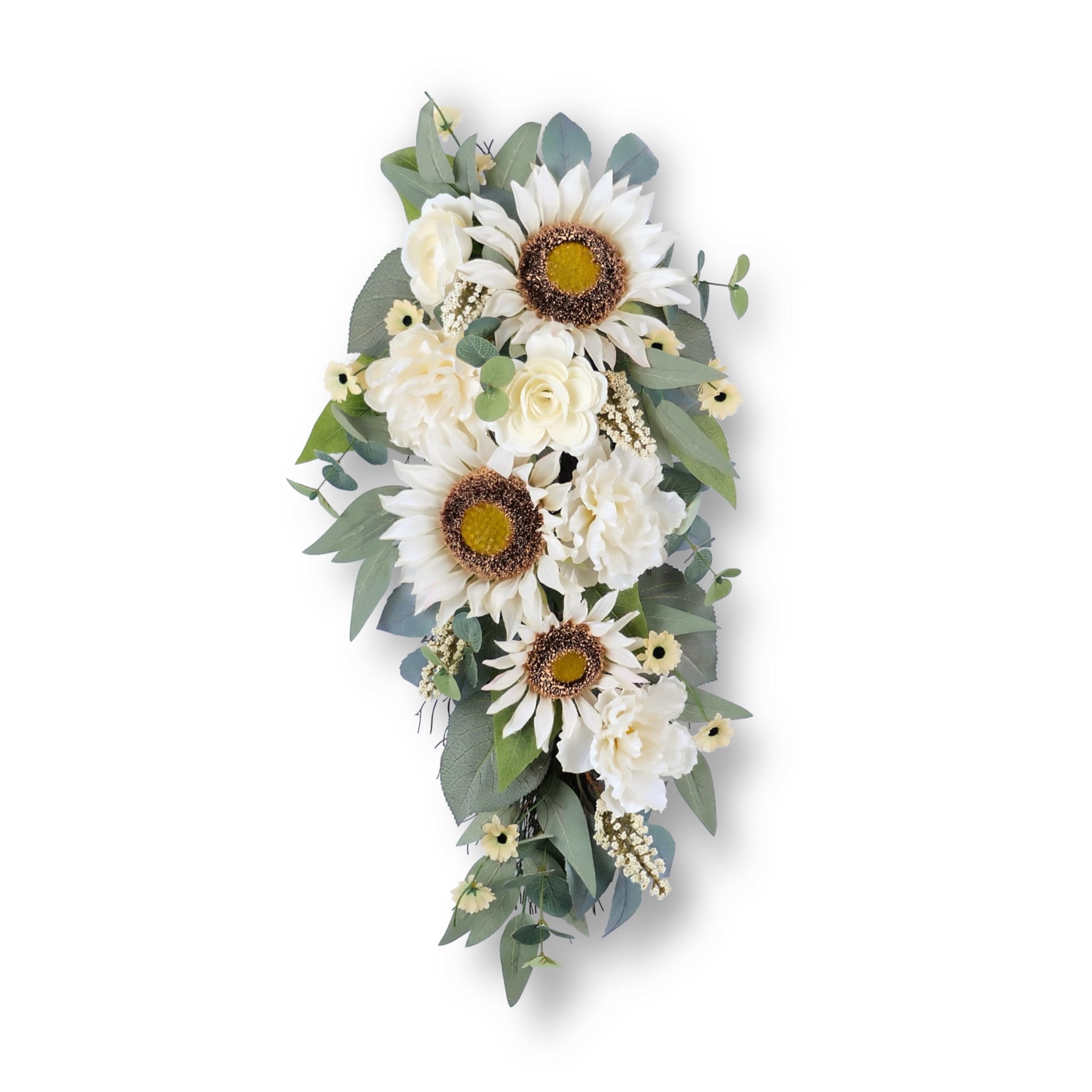 summer swag - 28” sunflower, peony, rose teardrop swag for front door, porch wall, window - artificial white flowers teardrop wreath for home spring, summer, fall, all seasons, everyday decor (1)
