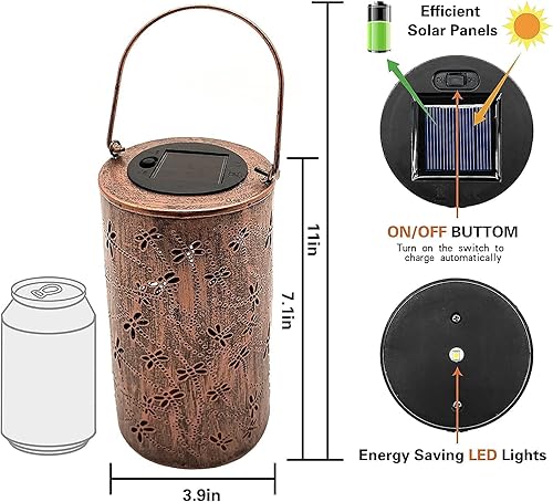 Miniatura 8 de Faroles solares colgantes para exteriores, juego de faroles azules fríos y libélula (paquete de 2)