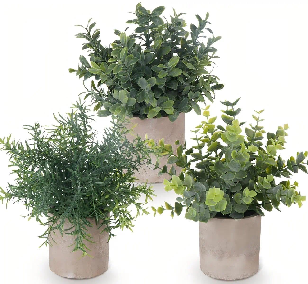 – Fake Plants Pot 3PCS, Artificial Plastic Eucalyptus Plants Faux Rosemary Mini Potted for Indoor Kitchen Office Desk Window Sill Decorations
