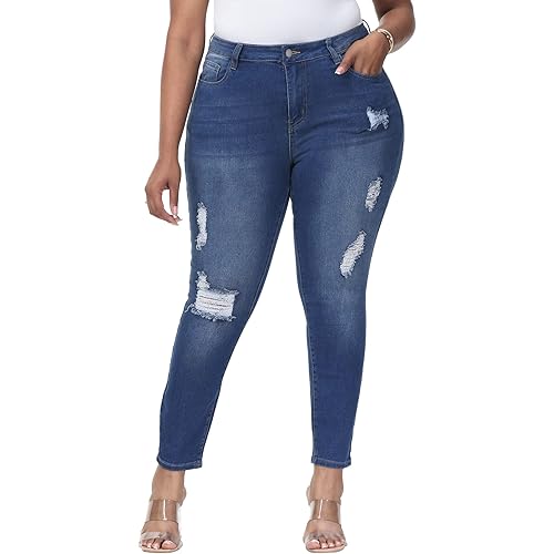 Gboomo Womens Plus Size Jeans Skinny Distressed Ripped High Waisted Ankle Jean Dark Blue-052 20W