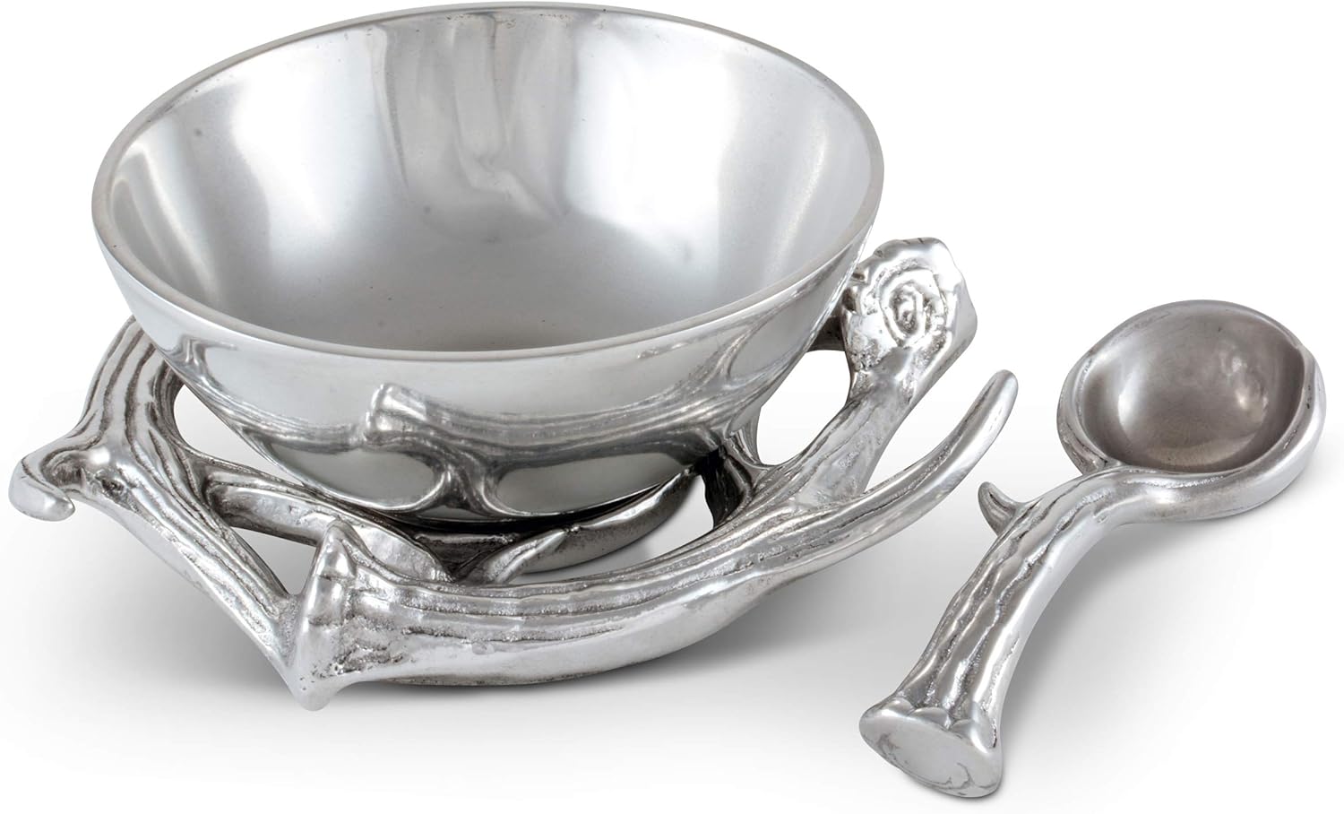 Arthur Court Designs Aluminum 2-pieces Antler Condiment Server Bowl and Spoon 5.25 inch Diameter