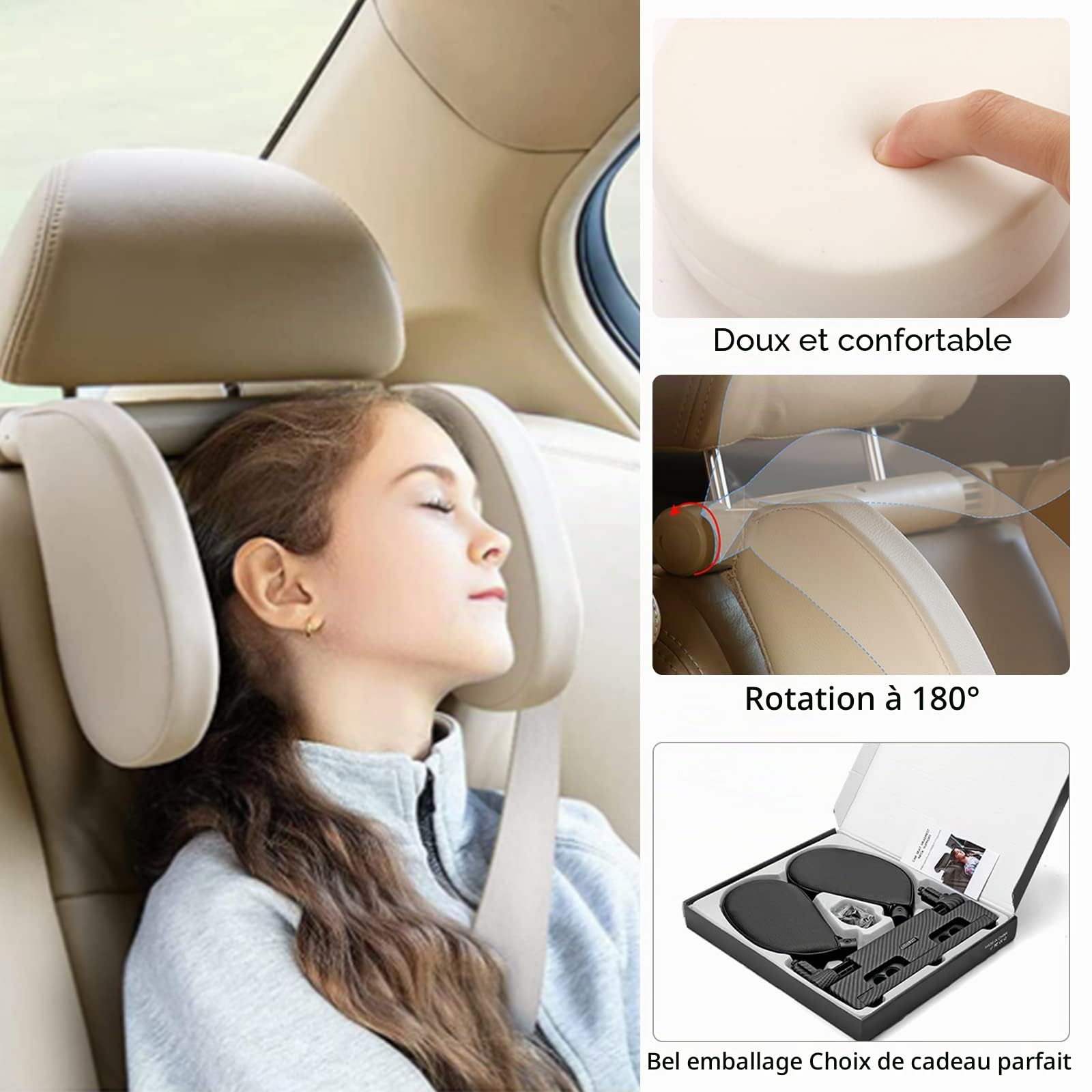 Hifrom Repose Tete Voiture, Voiture Oreiller Protection, Rotation à 180°Appui-Tête, Repose Tête Latéral de Siège Voiture pour Adultes Enfants, Cou de Repose Tête pour dormir en Voiture Voyage (Beige)