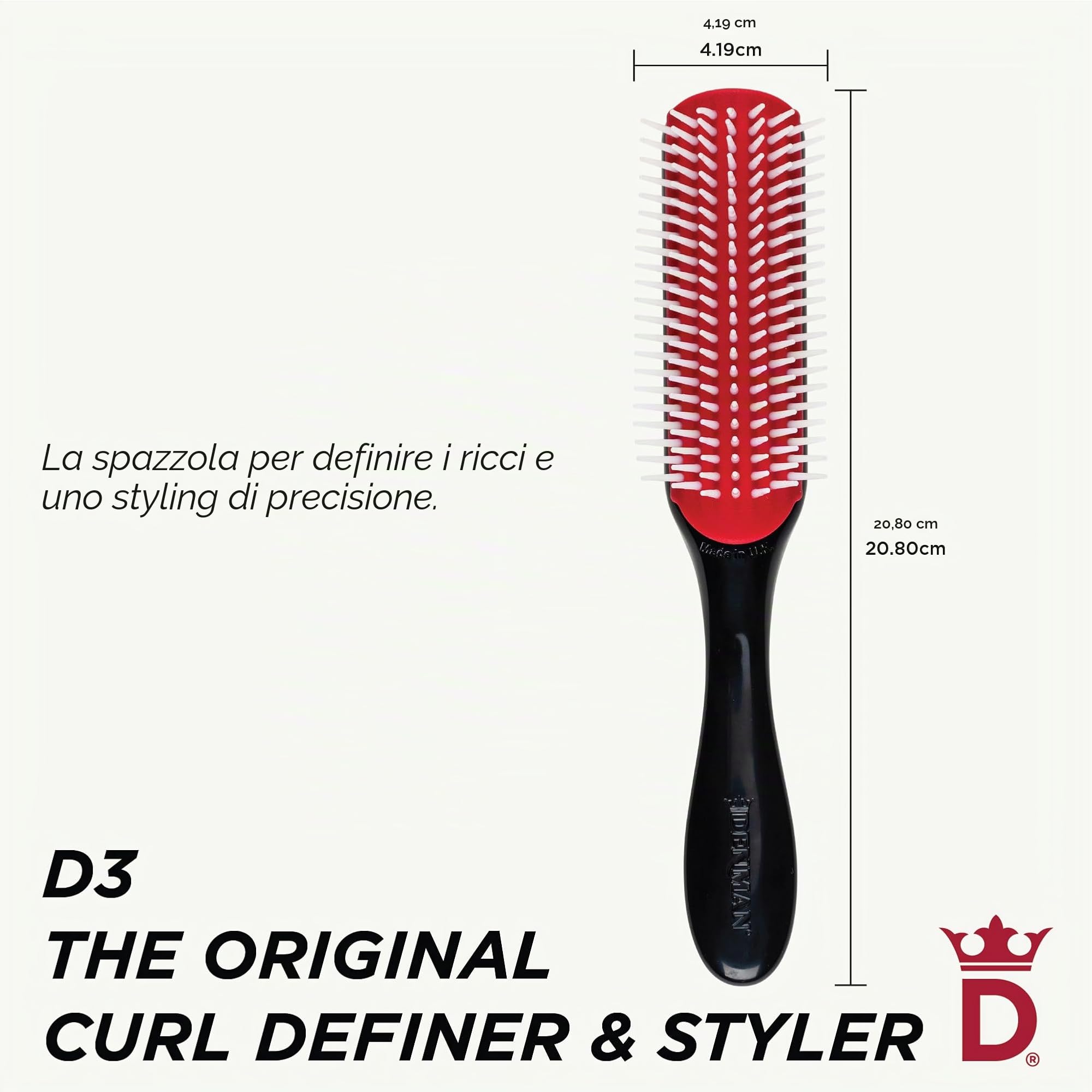 Denman Curly Hair Brush D3 (Black & Red) 7 Row Styling Brush for Detangling, Separating, Shaping and Defining Curls - For Women and Men