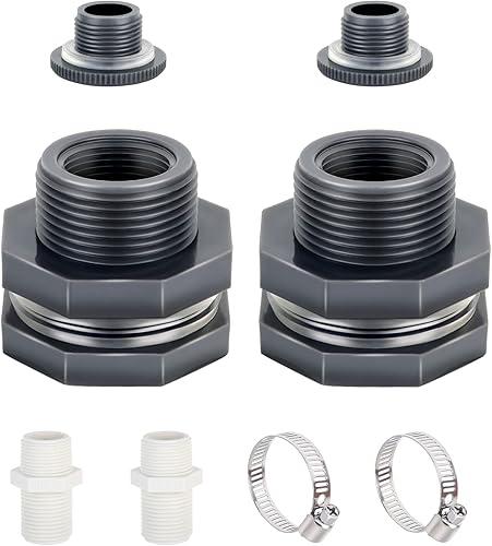 Montaje de mamparo de PVC de 34 pulgadas con enchufes, adaptador de manguera de jardín con kit de abrazadera, conector de tanque de agua, accesorio