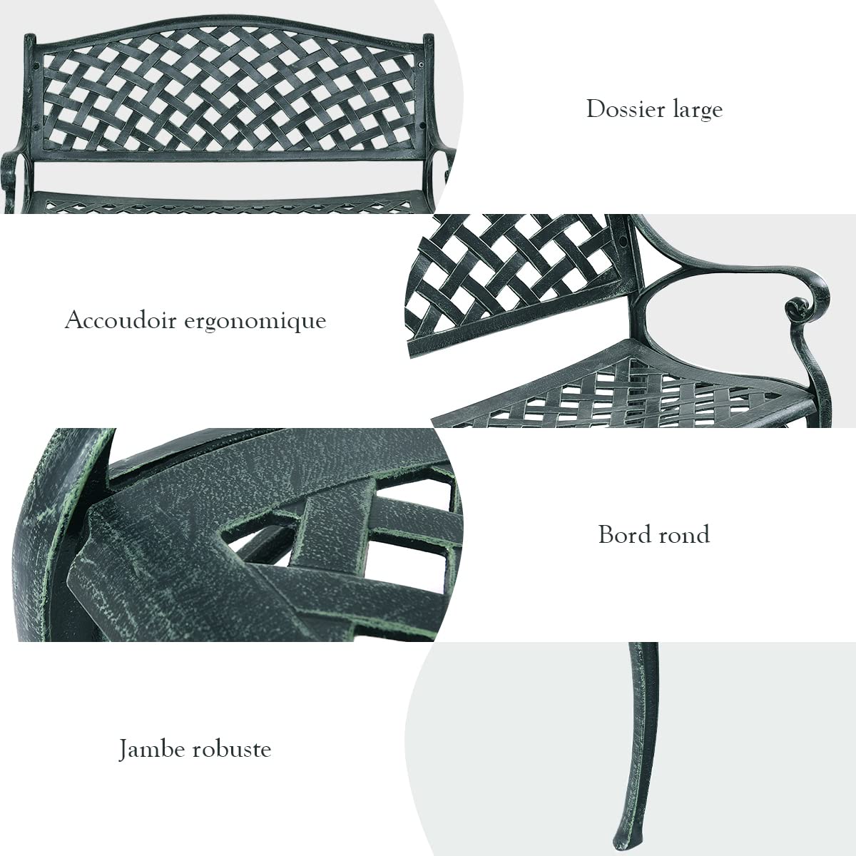 COSTWAY Banc de Jardin en Fonte d'Aluminium, Banc 2-3 Places avec Accoudoirs, Dossier et Design Ajouré, Charge Max 280KG, 103x64x83cm, pour Terrasse/Cour/Balcon/Pelouse/Parc