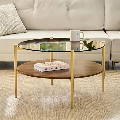 Miniatura 10 de Shrine - Mesa de café rectangular, diseño moderno de mediados de siglo, estructura de 2 niveles, parte superior de vidrio transparente y estante de