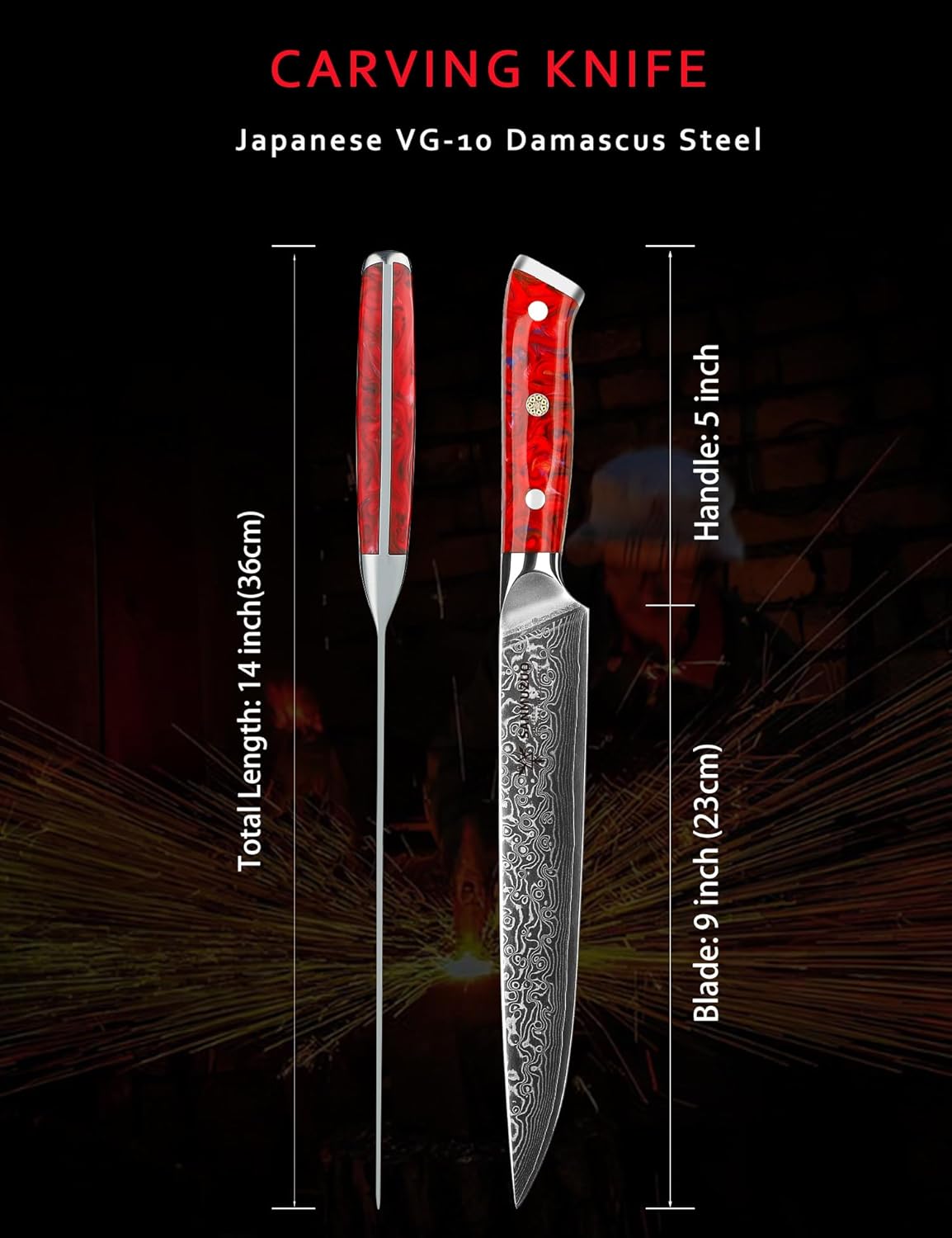 Carving Knife - 9 inch Kitchen Meat Cutting Slicing Knife- Xuan Series - VG10 Damascus Steel with Resin Handle (Sunset Red)