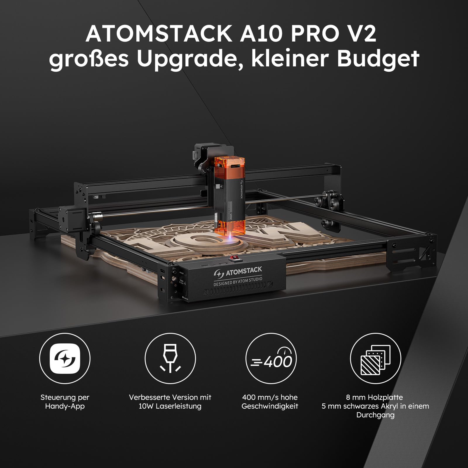 ATOMSTACK SWIFT A10 PRO V2 10W Laser Graviermaschine Gravurbereich:410×380 mm Laser Cutter Hochpräzisions-Laserschneider für Personalisierte Geschenke Holz Acryl Leder (SWIFT A10 PRO V2 10W Schwarz)