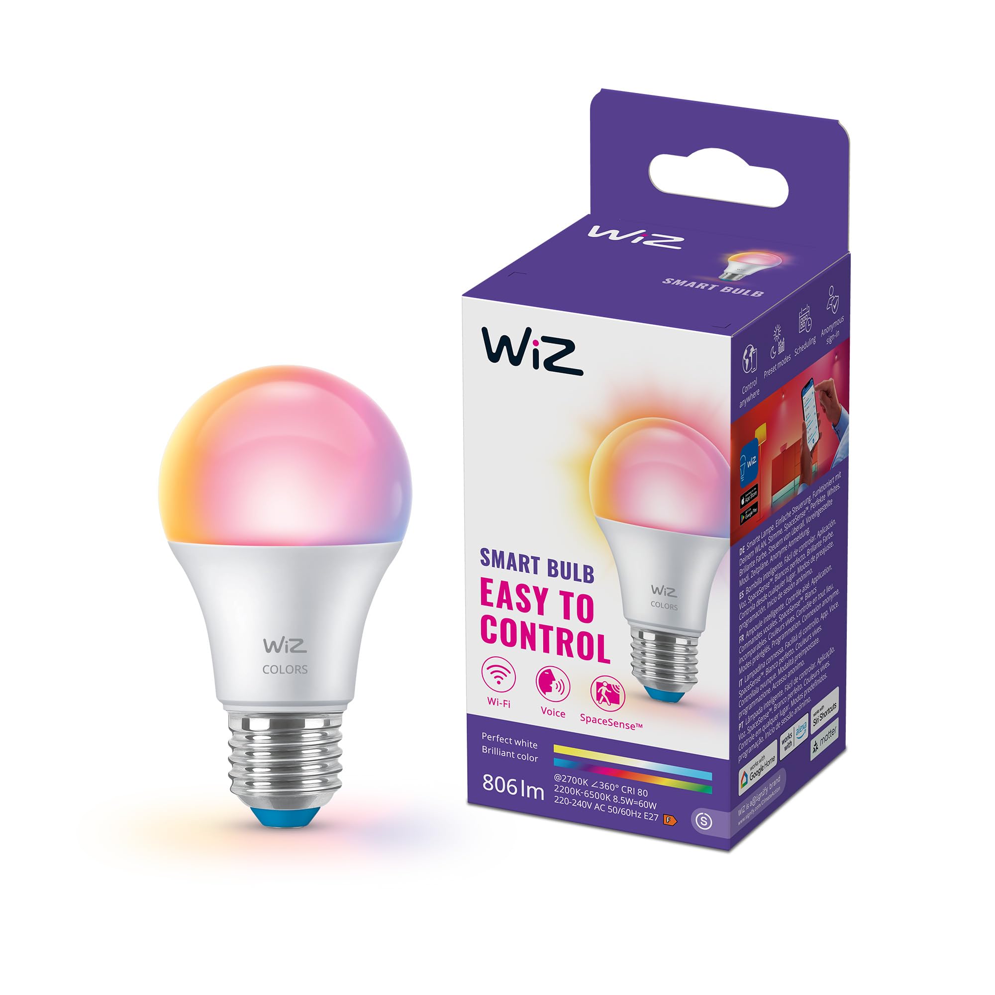 WiZ LED A60 Smart Bulb, Full Colour and Tunable White, E27 Base, 60W Equivalent, 2200-6500K, 806 Lumens, RGB LED, Dimmable Light Bulb Works with Alexa, Google Assistant, and Apple Home, 1 Pack