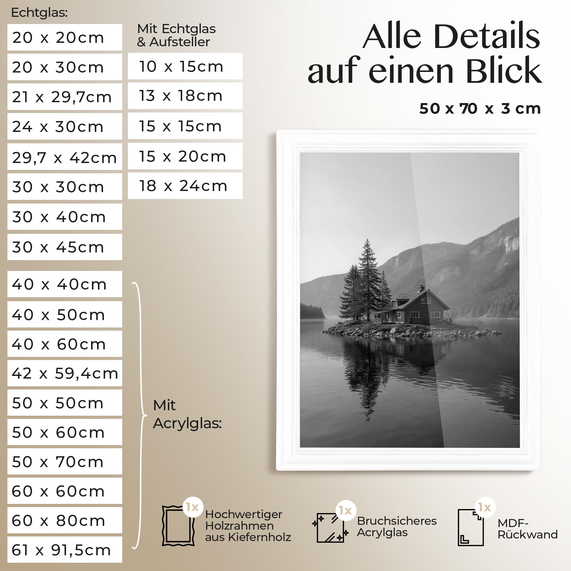 Stockholm Bilderrahmen 60x80 cm aus Holz, Weiß, Vintage