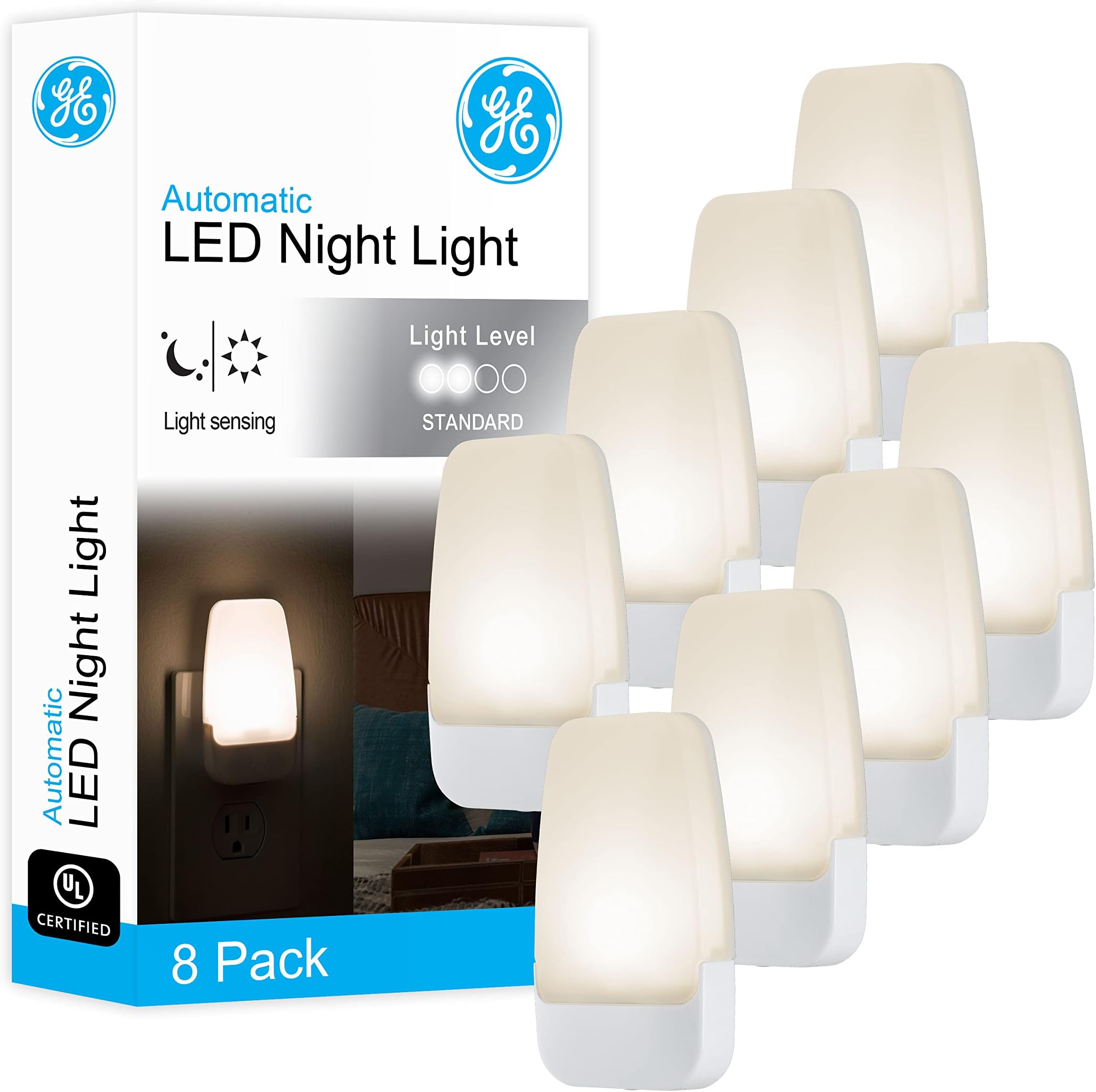 LED Night Light, Plug-in, Dusk to Dawn Sensor, Warm White, Ambient Lighting, Ideal Nightlight for Kids, Adults, Bedroom, Bathroom, Nursery, Hallway, Kitchen, 46478, 8 Pack