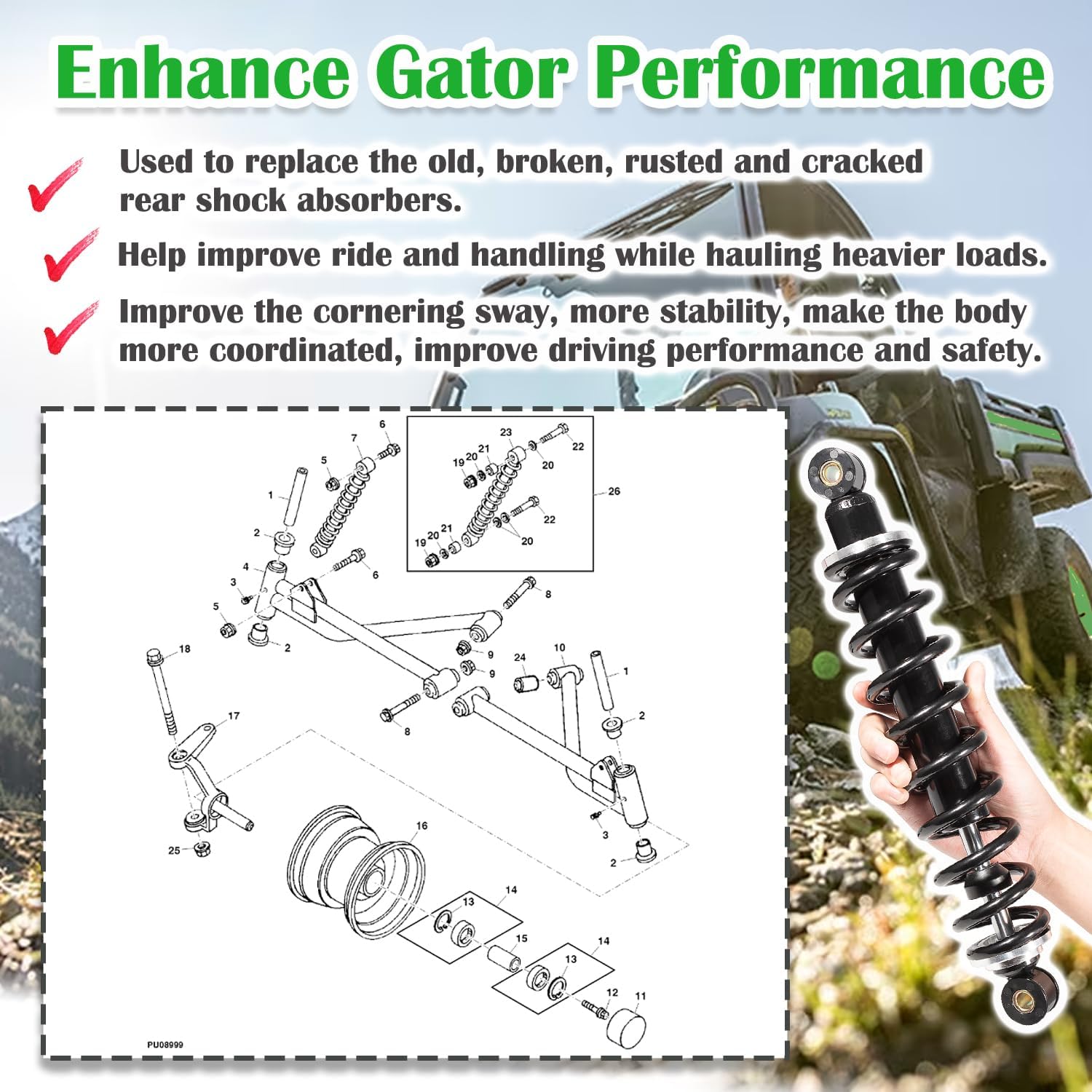 AM130448 Front Shock Absorber Suspension Kit 2 Pack for Gator TH TS TX 4X2 & 6X4 Turf Diesel Trail Worksite Military Replace #AM130448