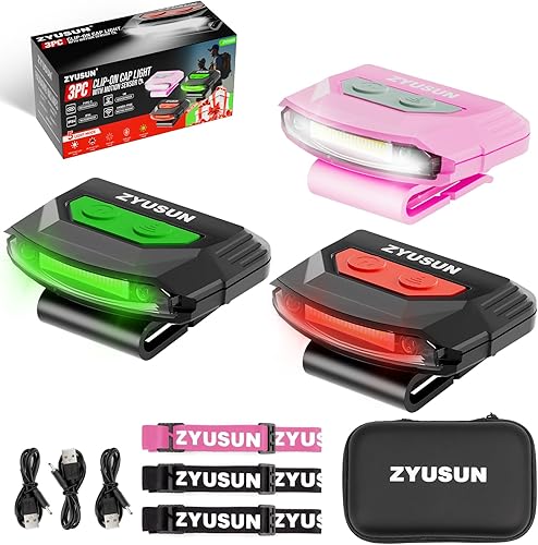 Vista 10 de Paquete de 4 luces recargables para gorra, lámparas de cabeza portátiles, con clip para sombrero con sensor de movimiento, impermeables IPX4, luces