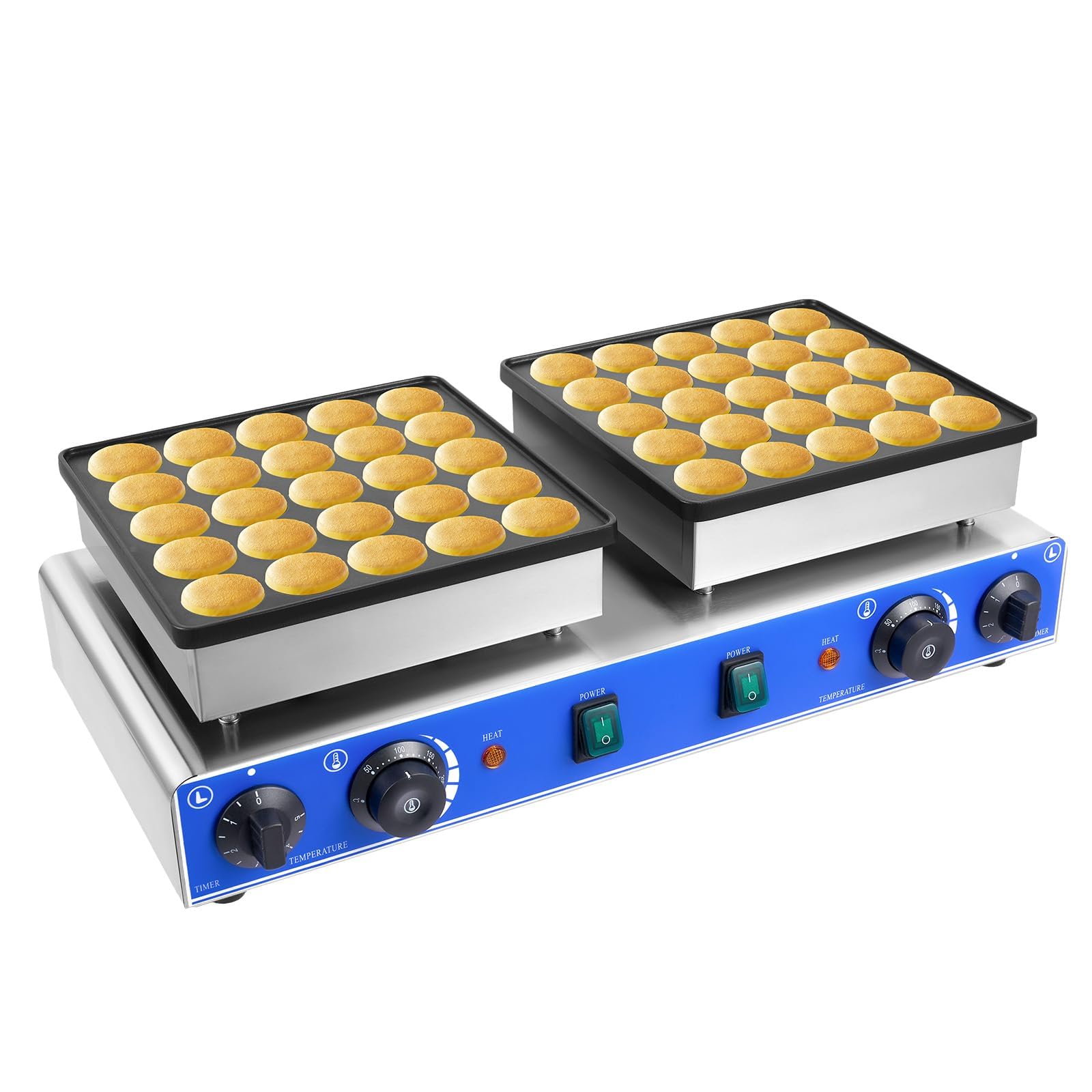 110V Mini Dutch Pancake Maker - 50 Cavity Commercial Electric Baker, 1700W, Dual Thermostats & Timers, Non-Stick