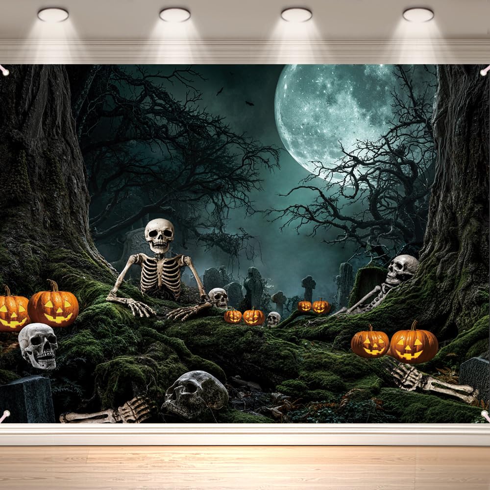View 1 of 10x8FT Halloween Garage Door Cover, Spooky Graveyard Forest Moon Backdrop