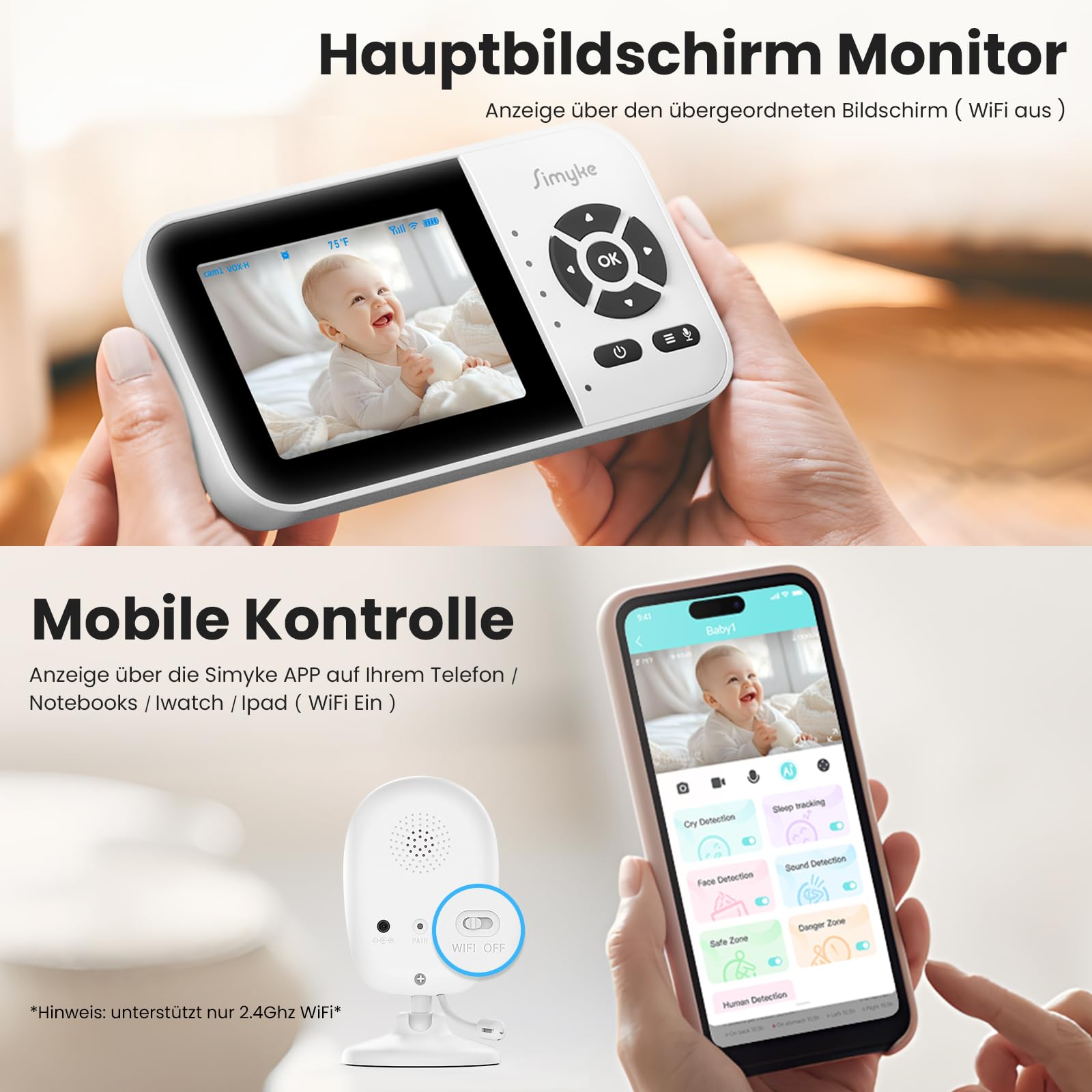 Simyke Smart BabyMonitor 1080p with 2 Camera, WLAN On/Off Schalter, WiFi Remote Access, 1500ft Long Range, 2-Way Talk, Sound Alert, Temperatursensor, Lullabies Fütterung