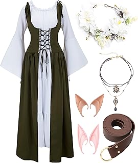 7 PCS Renaissance Dresses for Women Medieval Costume with Elf Ears, Necklace, Leather Belt, and Flower Crown - Buy now