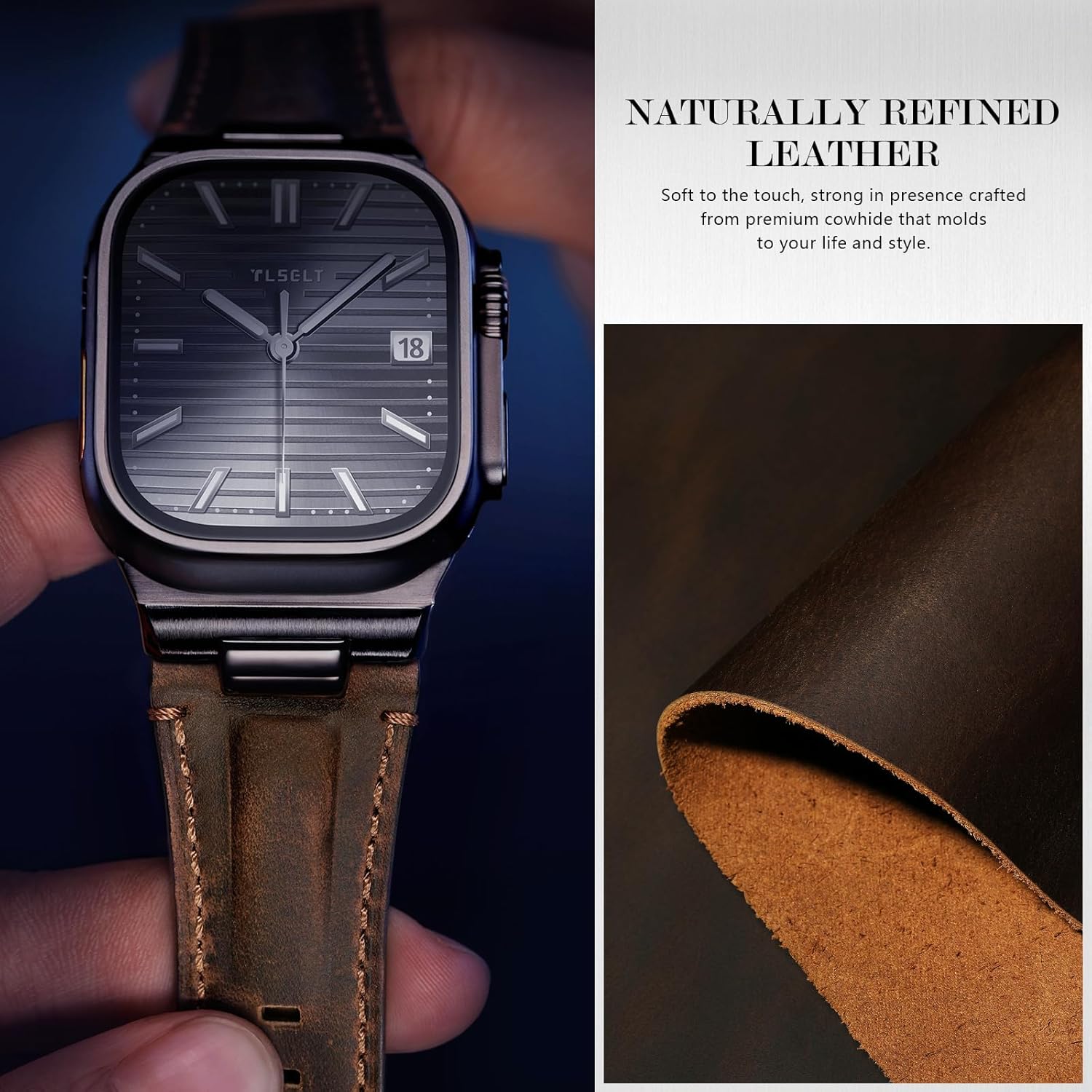 Leather Band for Apple Watch Ultra 3/Ultra 2 Bands 49mm 46mm 45mm 44mm, Top Genuine Leather Designer Replacement Strap for iWatch Ultra 3 2 1 SE series 11 10 9 8 7 6 5 4 3 - Image 5