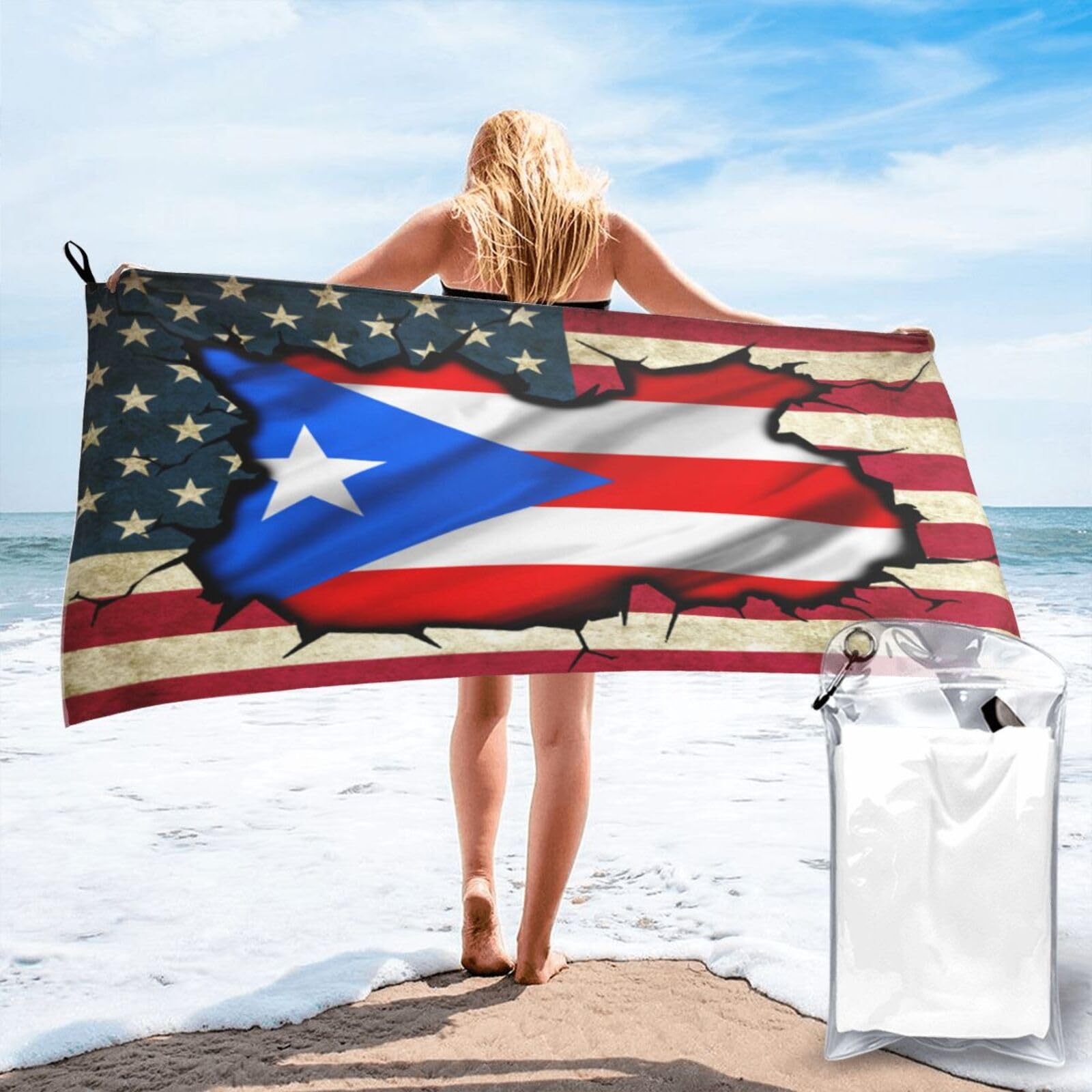 HACXZ Vintage America Flag and Puerto Rico Flag Absorbent Beach Towel Microfiber Beach Towel Lightweight 31.5"X63"