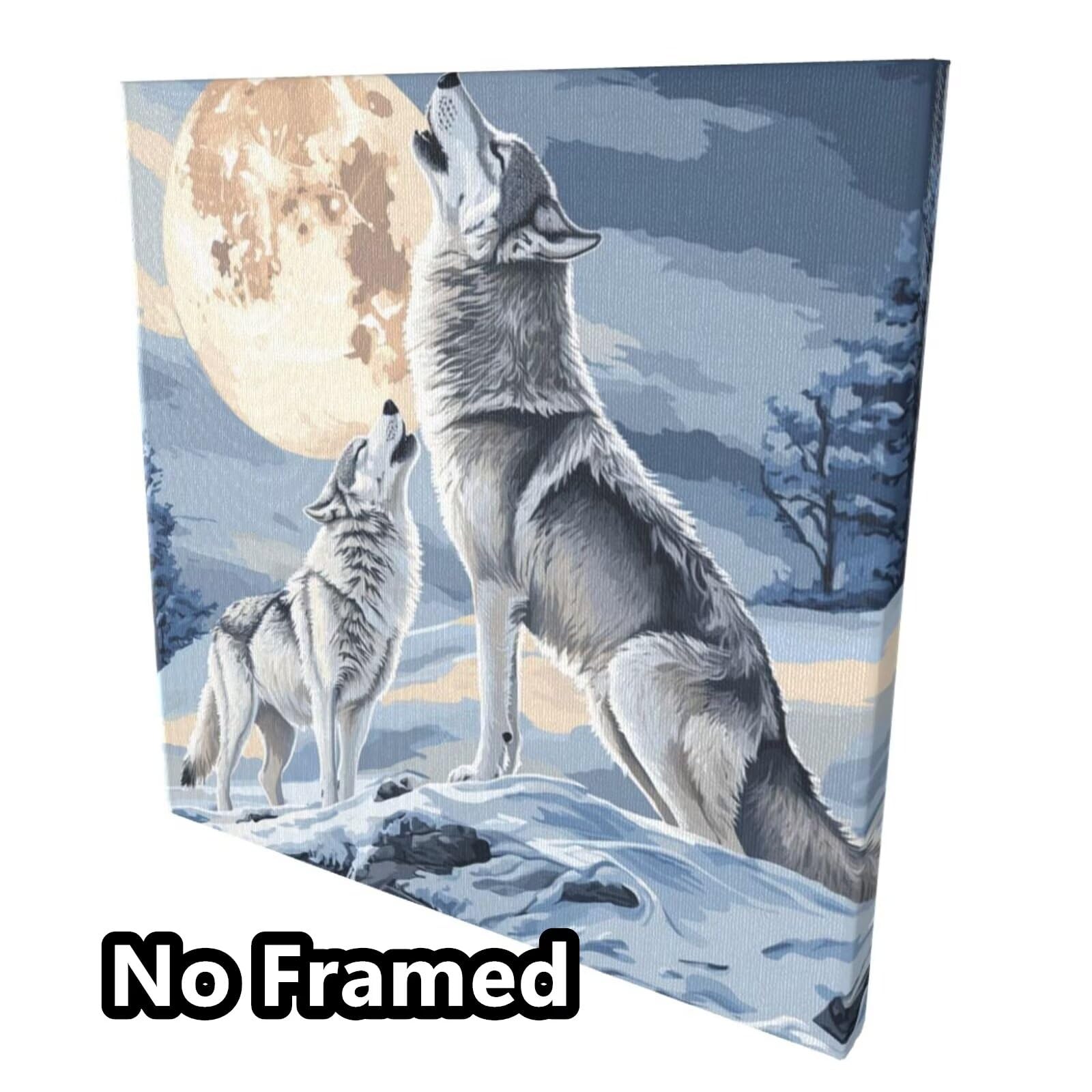 Malen nach Zahlen MK347 Malen-nach-Zahlen-Set für Erwachsene, Motiv: Wolf, Mond, Malen nach Zahlen für Anfänger, Acryl-Peinture a Numero mit 6 Pinseln, DIY-Ölgemälde, Kunst-Bastelsets für