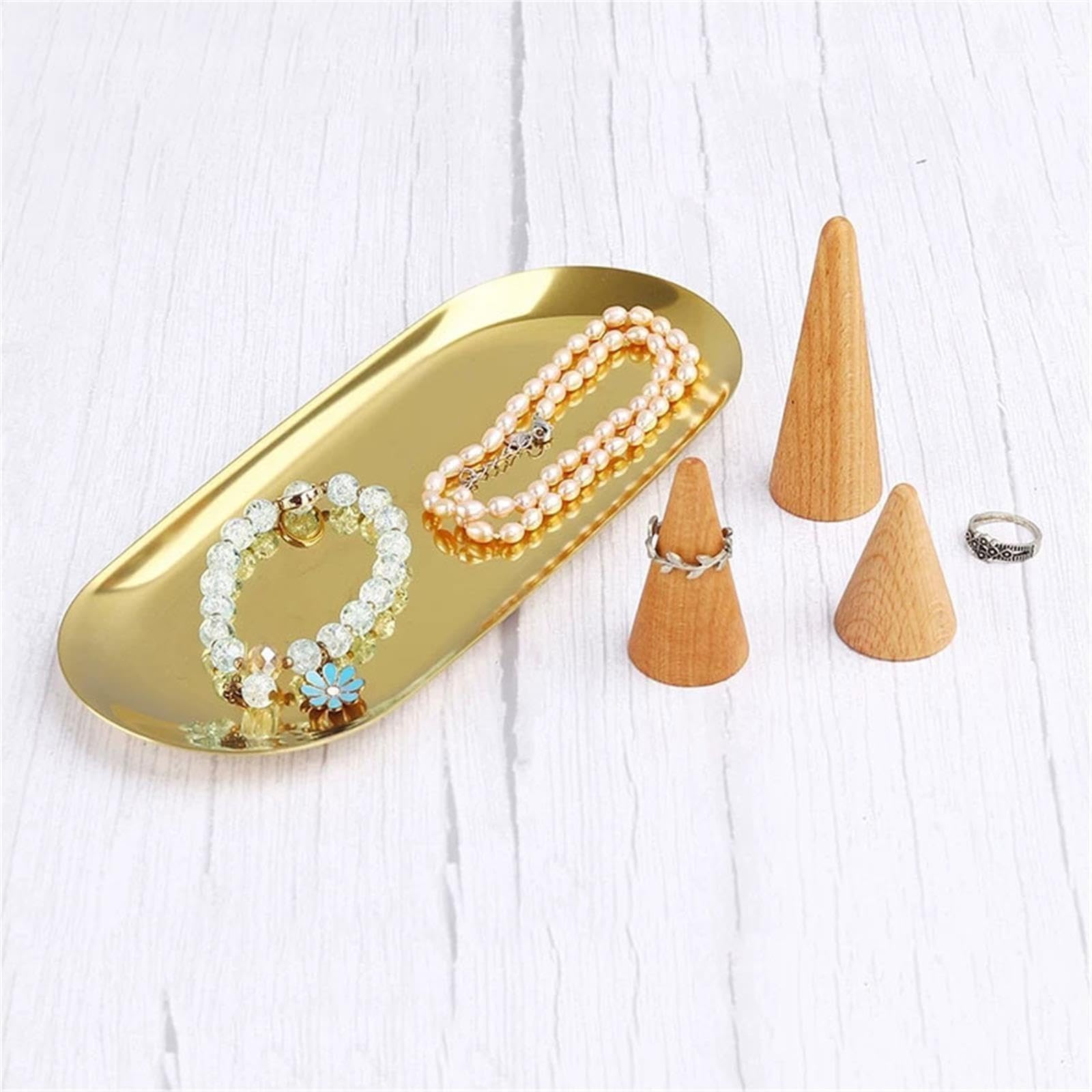 Organisateur de Bijoux Ensemble de cônes Porte-Anneaux en Bois avec Plateau Acier Inoxydable