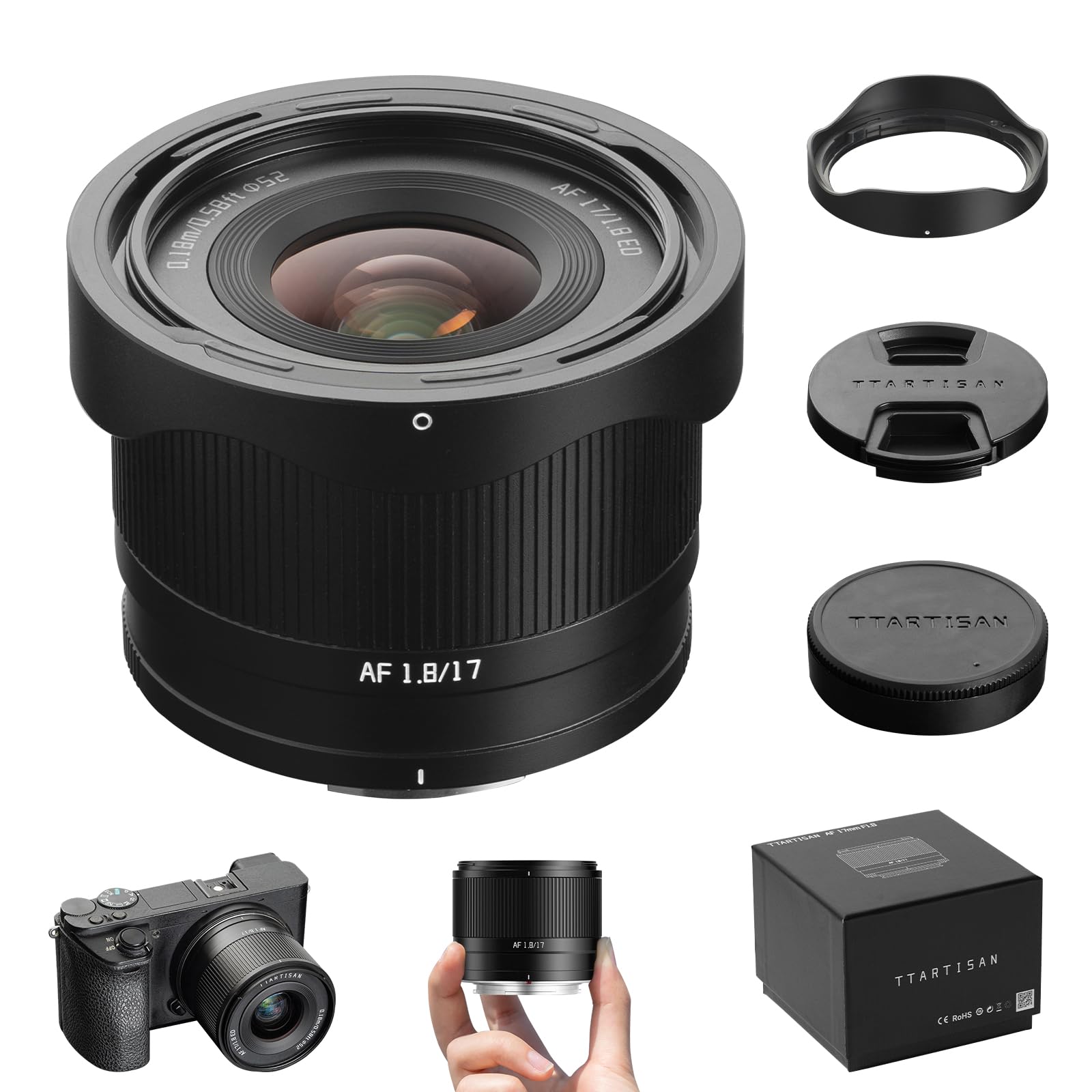 TTARTISAN 17mm F1.8 Automático Objetivos Montura XF para Fuji Objetivos Gran Angular Gran Apertura para Cámaras APS-C Lens Compactos Diafragma 6 Láminas Ideales para Fuji X-H1 X-H2 X-H2s X-T1 X-T2