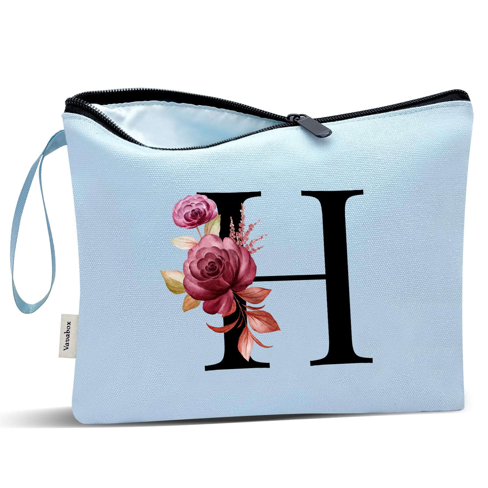 Vavabox A-Z Personalized Makeup Bag, Birthday Gifts for Women Mom, Gifts for Best Friend, Bride Bridesmaid Cosmetic bag (H, Blue)