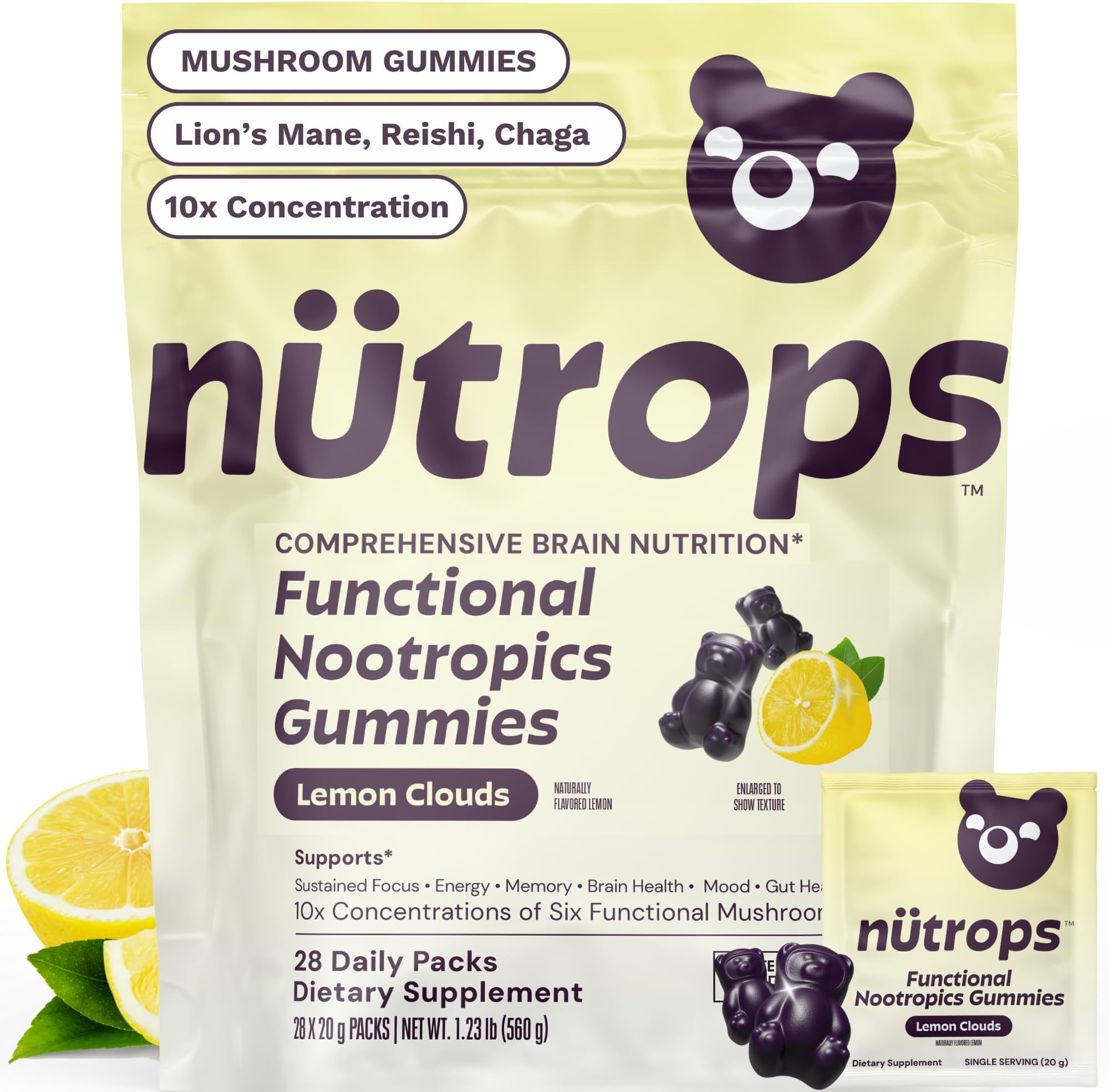 Nutrops Lions Mane Mushroom Gummies for Adults, Functional Nootropics, Herbal Brain Supplement for Energy, Brain Health, Cognitive, Memory & Focus, Reishi, Chaga, Cordyceps, Coriolus, 28 Count