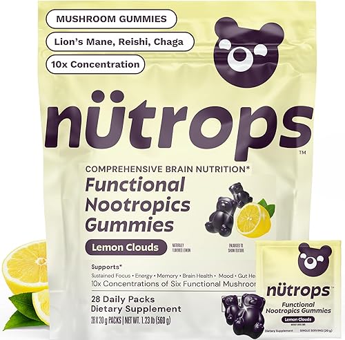 Nutrops Lions Mane Mushroom Gummies for adults, Functional Nootropics, Herbal Brain Supplement for Energy, Brain Health, Cognitive, Memory & Focus,