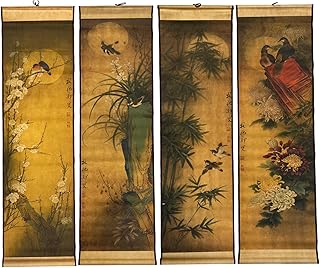 4-Piece Large Wall Scroll Hanging Painting Decor, Ancient Replica Vintage Flowers and Birds Paintings, Plum Orchid Bamboo Chrysanthemum Bird