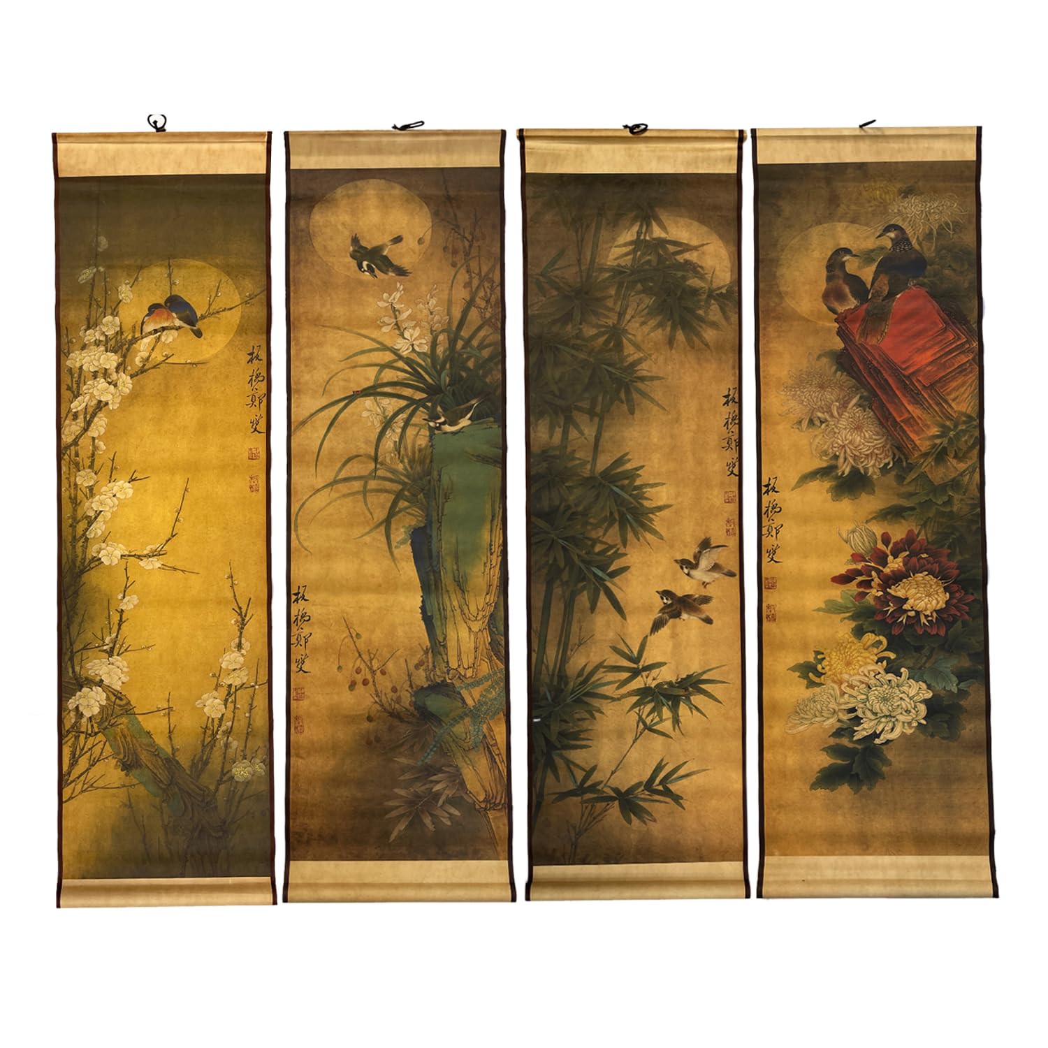 4-Piece Large Wall Scroll Hanging Painting Decor, Ancient Replica Vintage Flowers and Birds Paintings, Plum Orchid Bamboo Chrysanthemum Bird